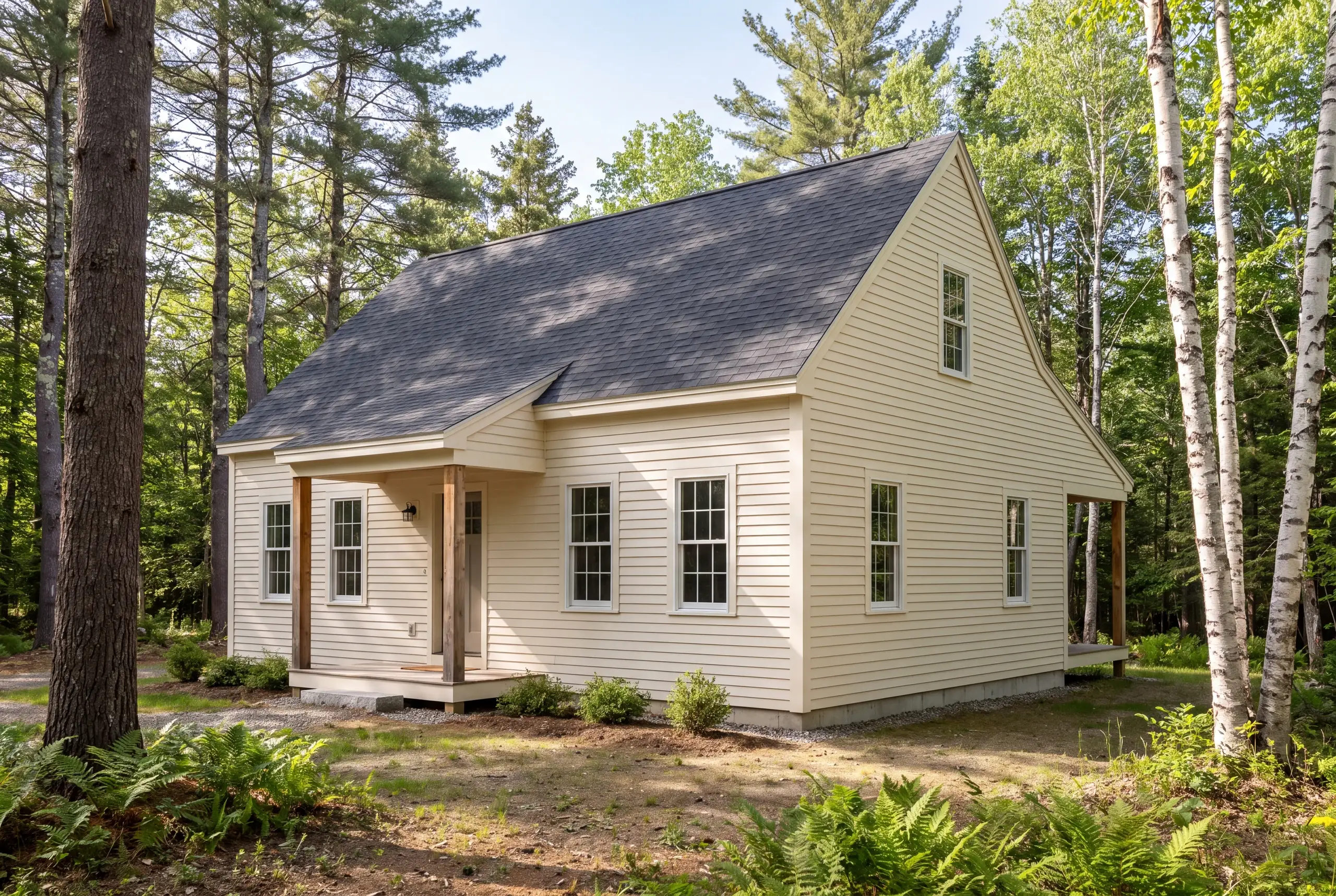 Custom home builder in Arrowsic, ME: a two-story light yellow clapboard house with a dark shingled roof stands amidst tall trees and green ferns.