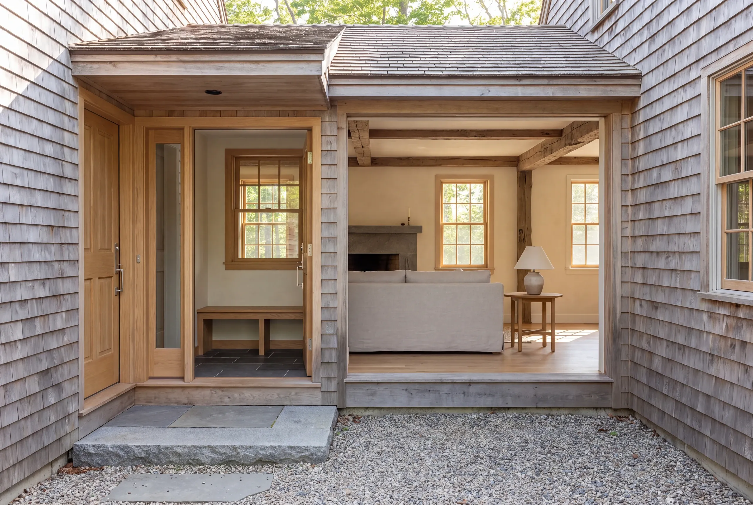 Exterior view showing a cedar-shingled entryway and a connected living room with a sofa and fireplace visible through a large open doorway.
