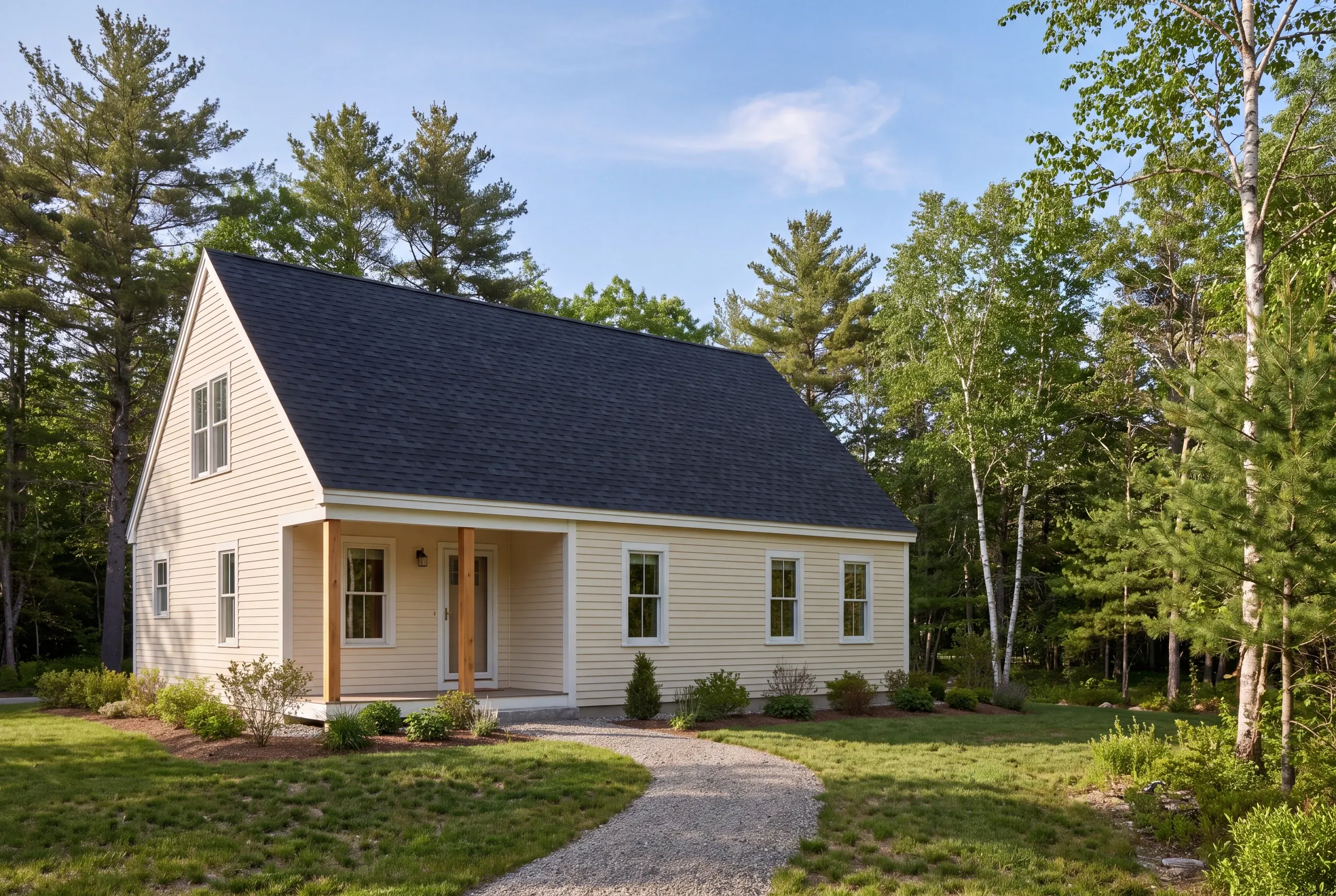 A two-story light yellow house with a dark shingled roof stands amidst tall trees and greenery.