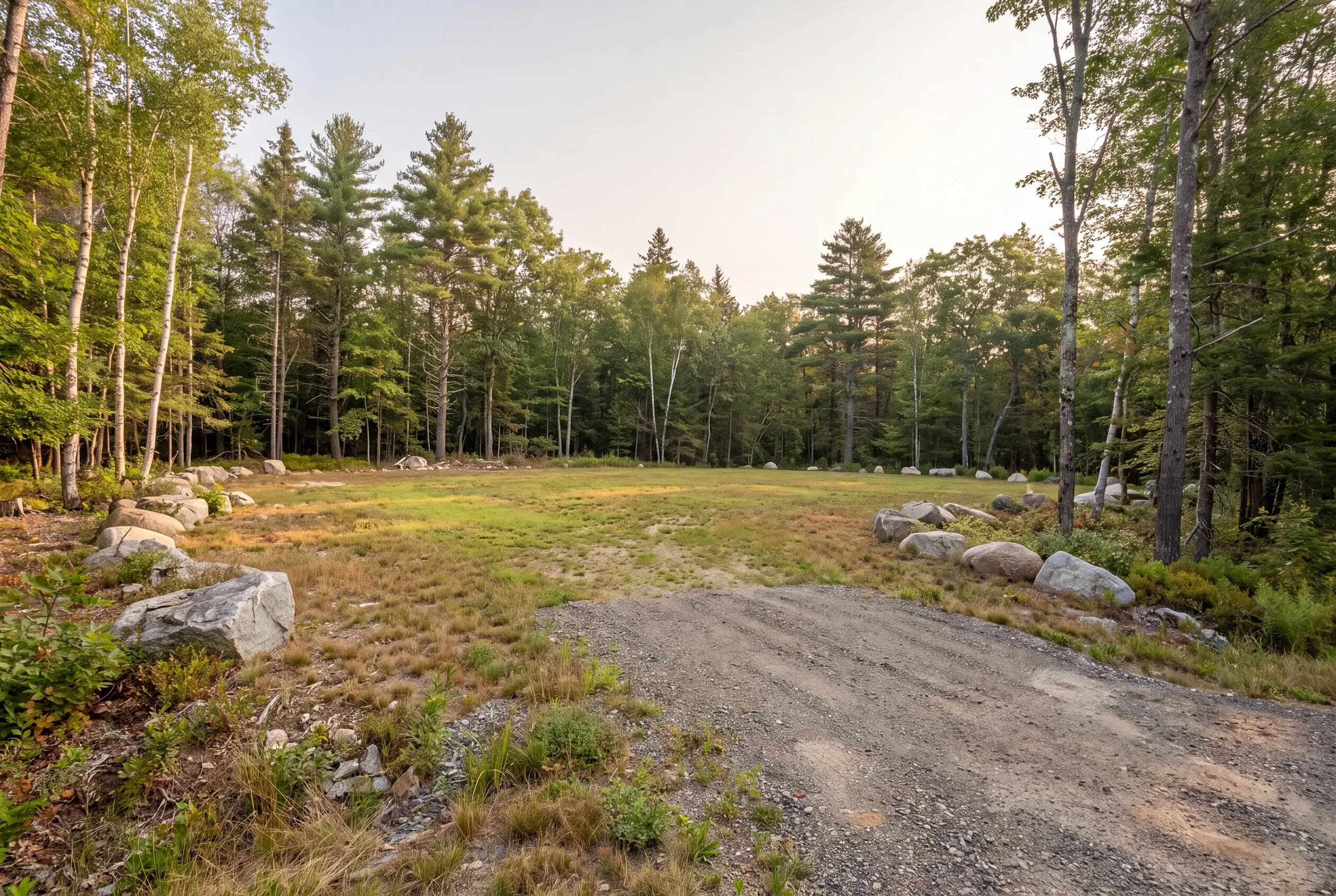 A clearing with a gravel approach, bordered by mixed pine and birch trees.