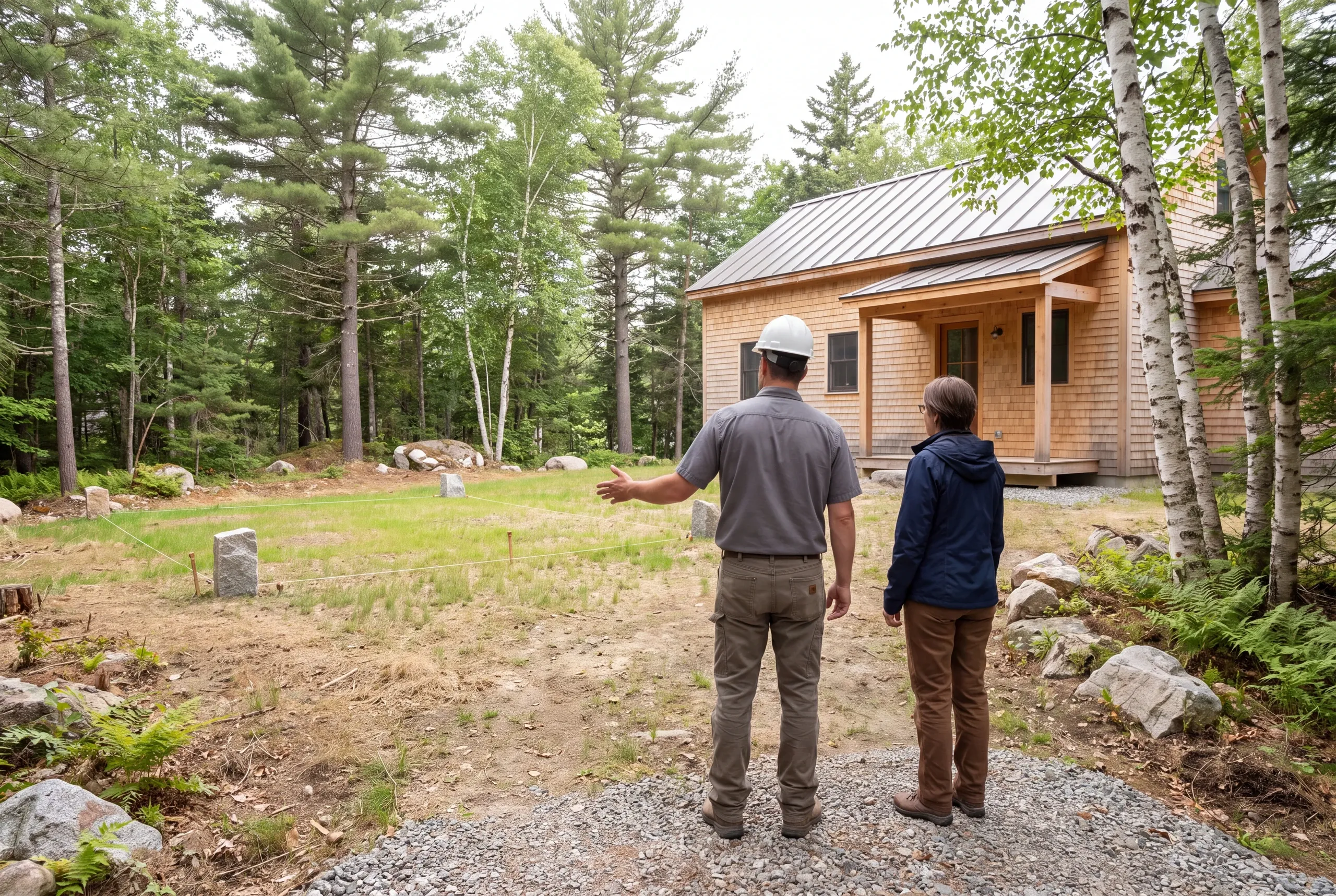 Two people stand on a gravel path viewing a staked grassy area in front of a wooden cabin surrounded by trees.