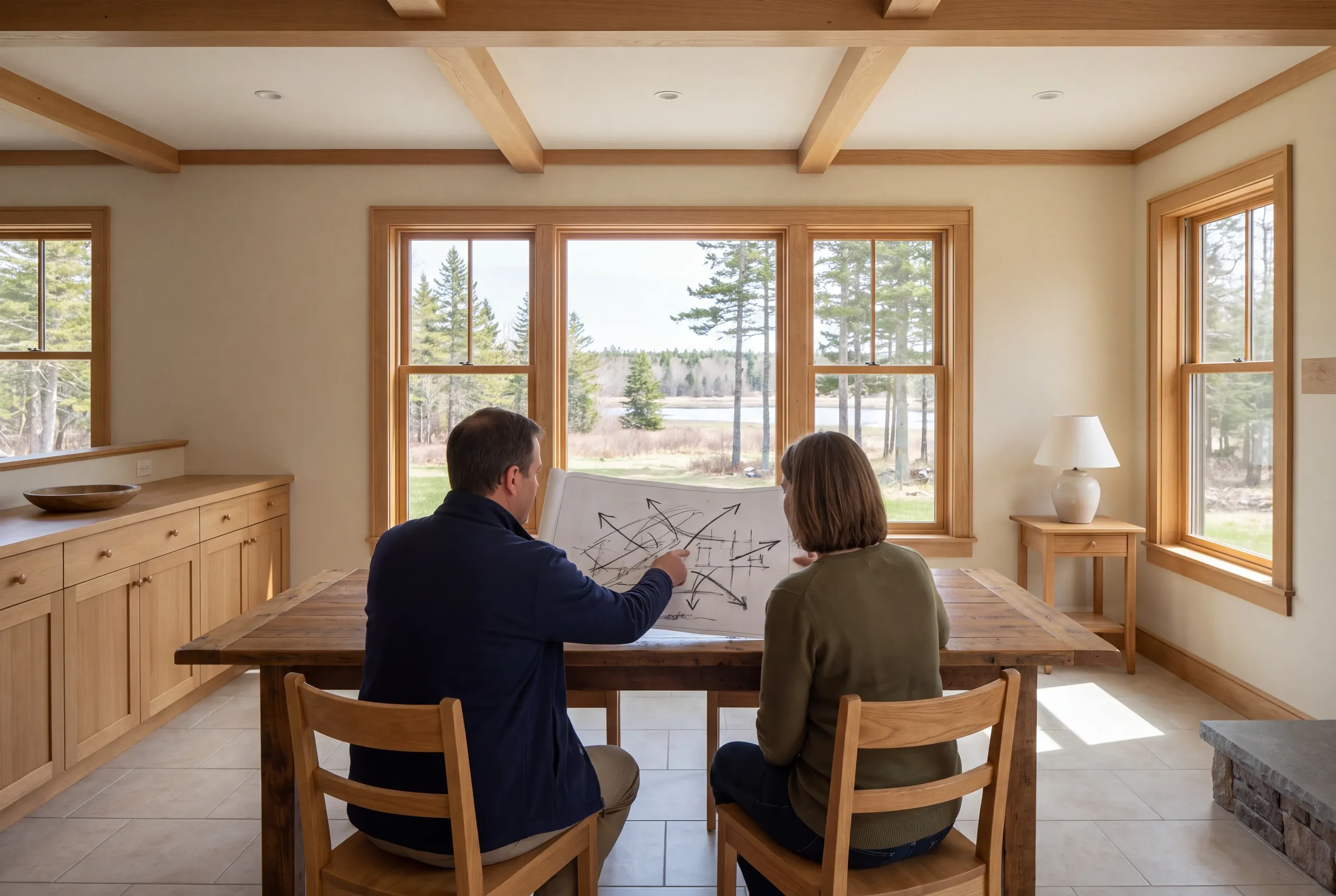 Two adults sit at a wooden table in a sunlit room, reviewing a large drawing together while looking toward a window view of trees.