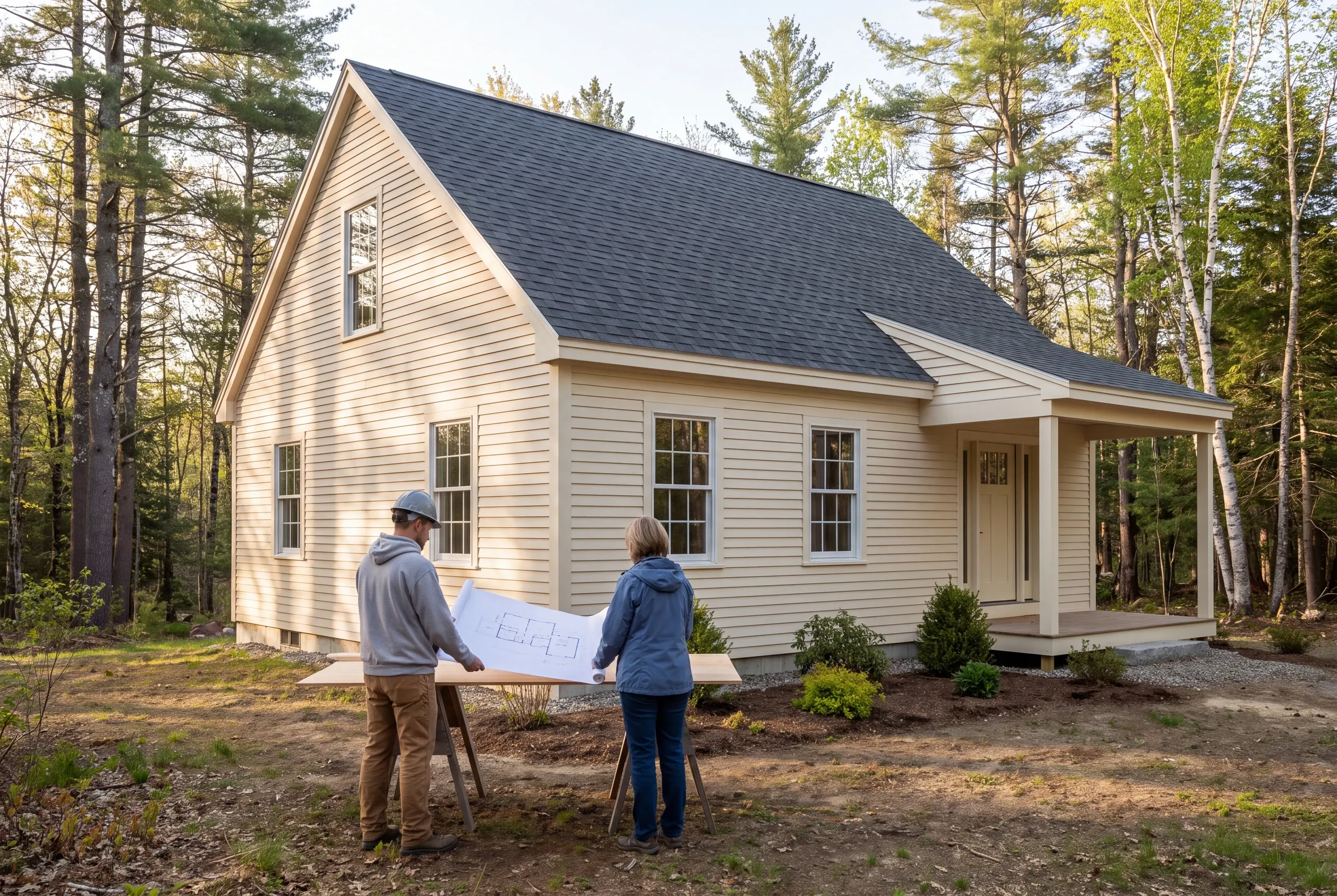 Two adults stand outdoors in front of a newly built house, holding and reviewing a large blueprint together.