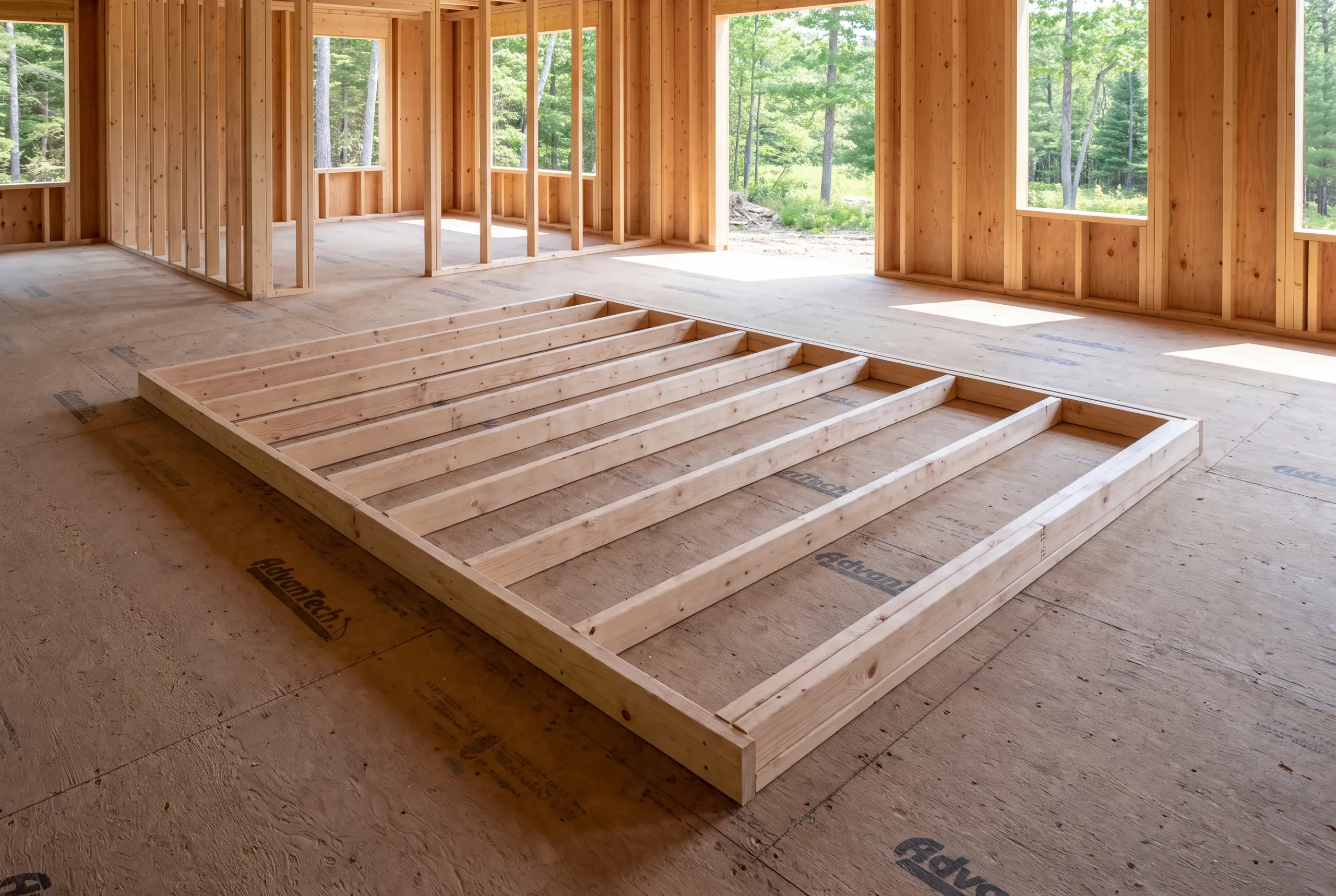 A rectangular wood wall frame lies flat on a subfloor inside a timber-framed building under construction.