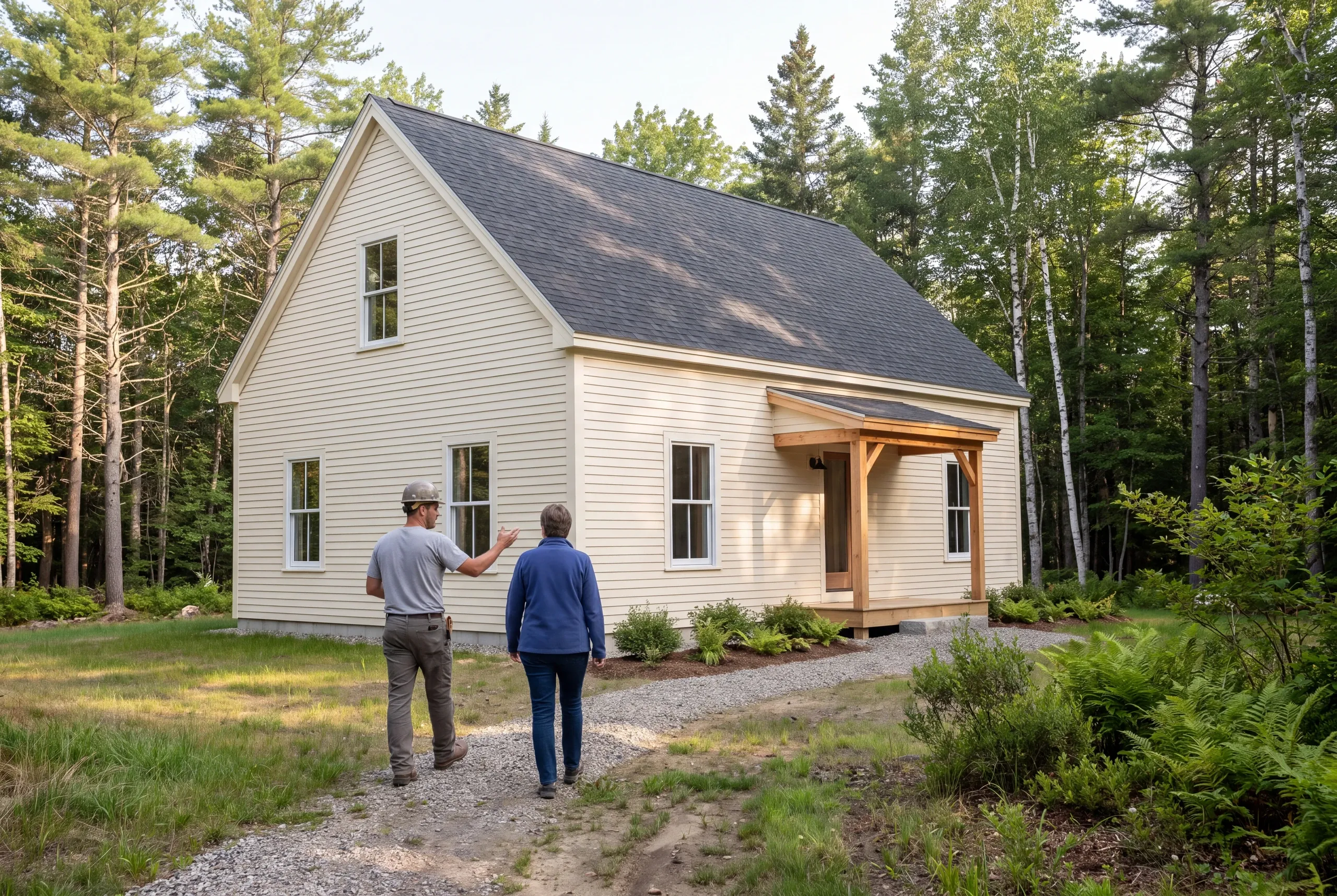 Two adults walking along a gravel path toward a newly built house surrounded by trees.