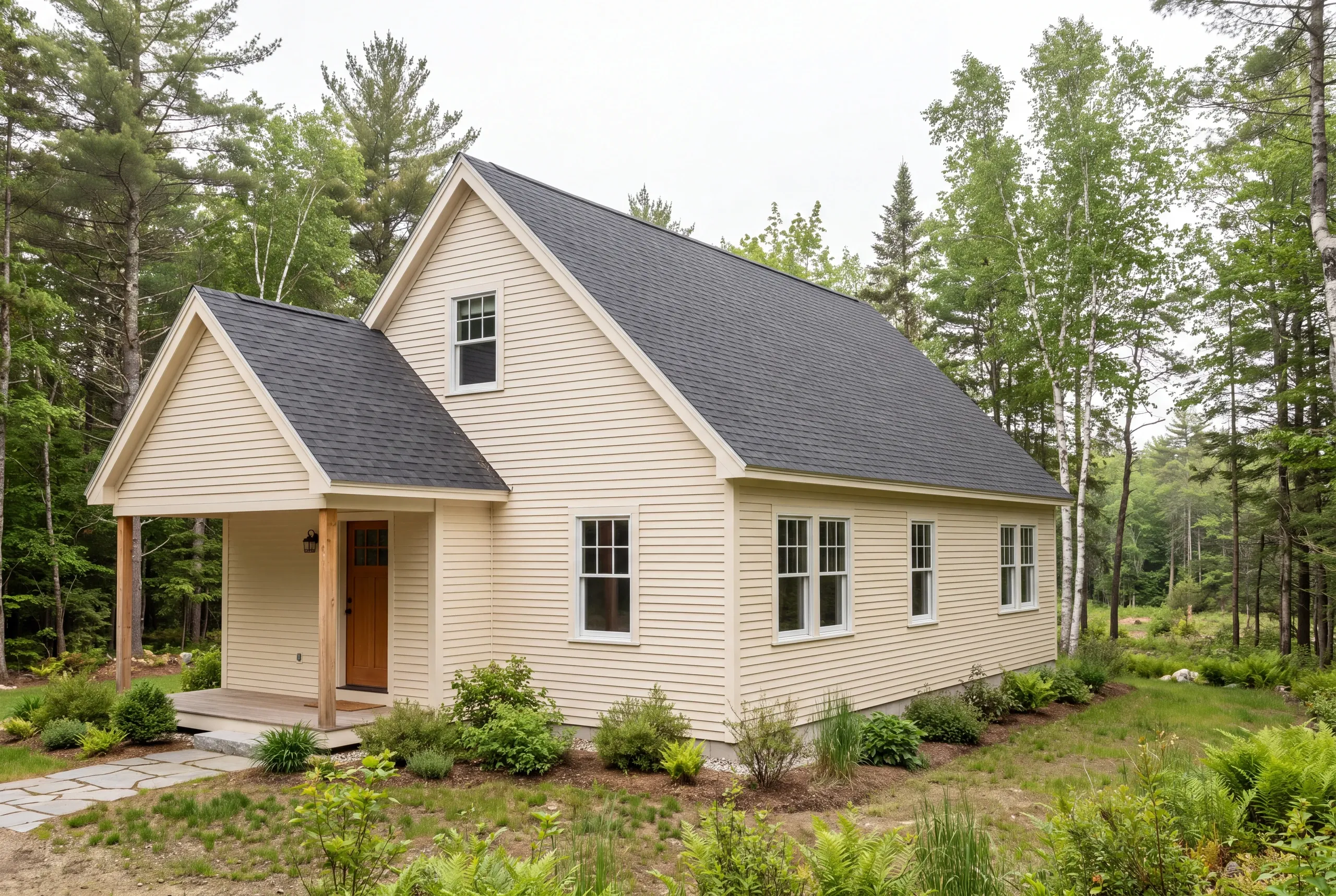 A two-story beige-sided house with a dark shingled roof stands surrounded by trees and green vegetation.