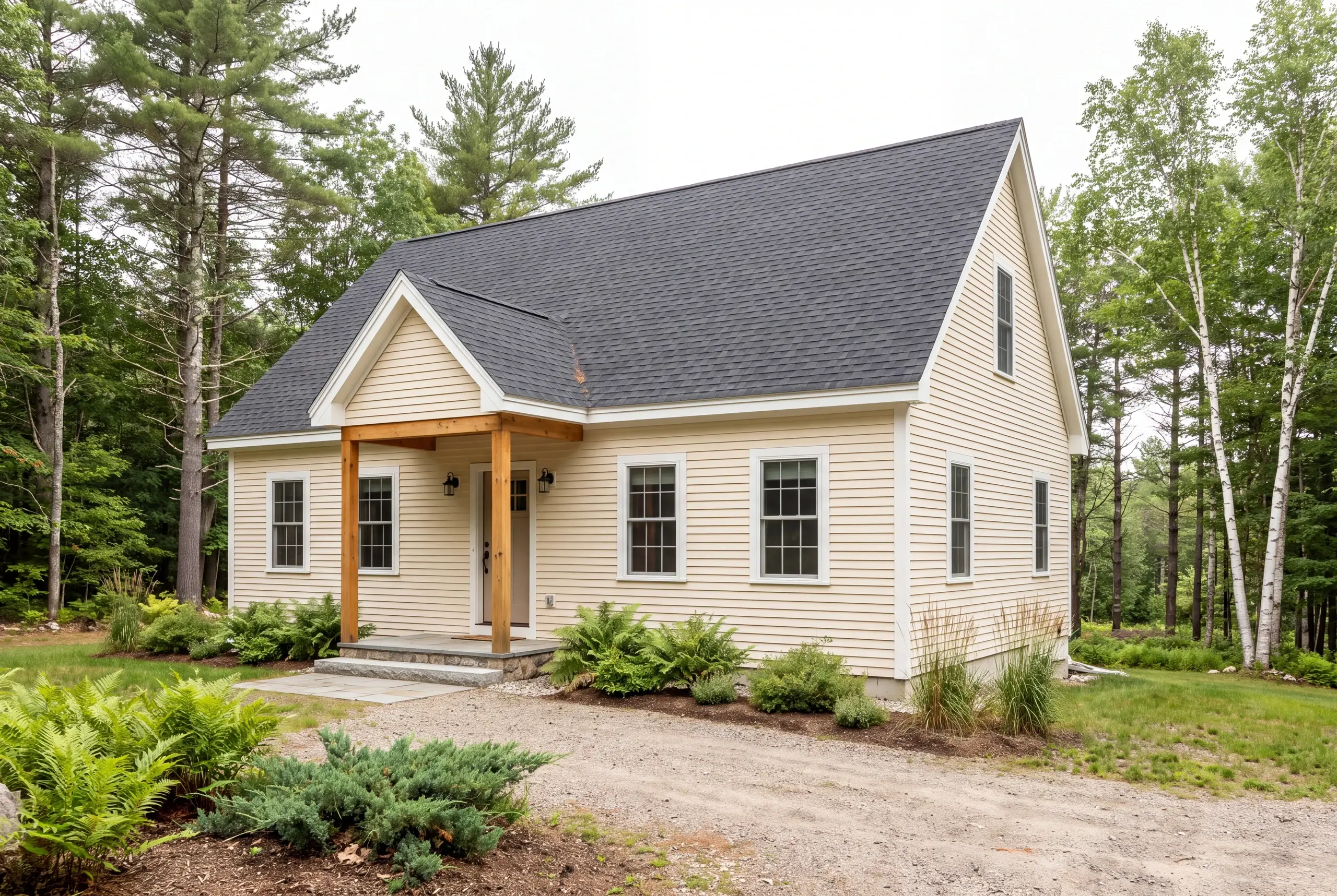 Custom home builder in Bath, ME: exterior view of a compact yellow-sided gabled house with a covered entry porch surrounded by trees.