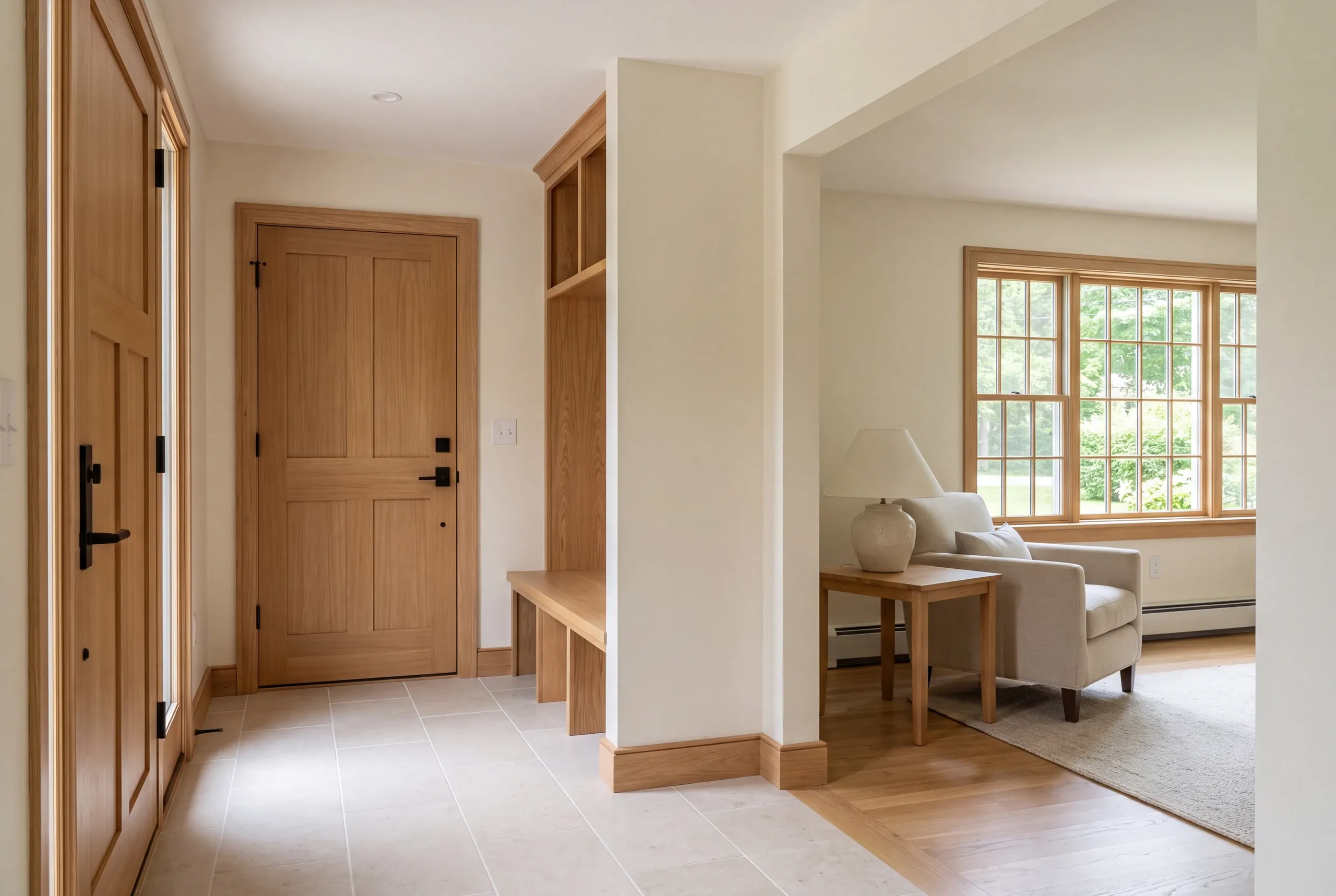 Interior entryway with light tile flooring, wooden doors, a built-in bench unit, and an opening leading to a living room with an armchair and side table.