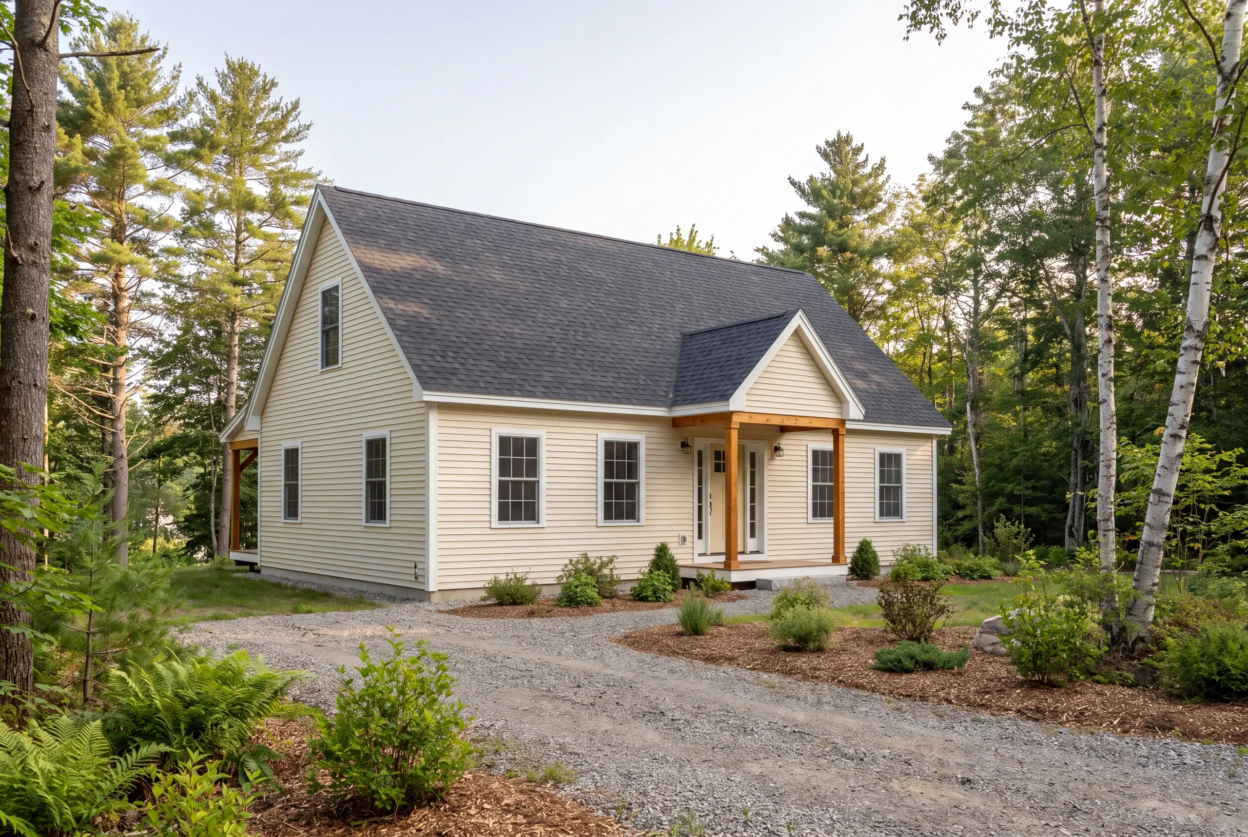 Exterior view of a light yellow two-story house with a shingled roof and a gravel driveway surrounded by trees.