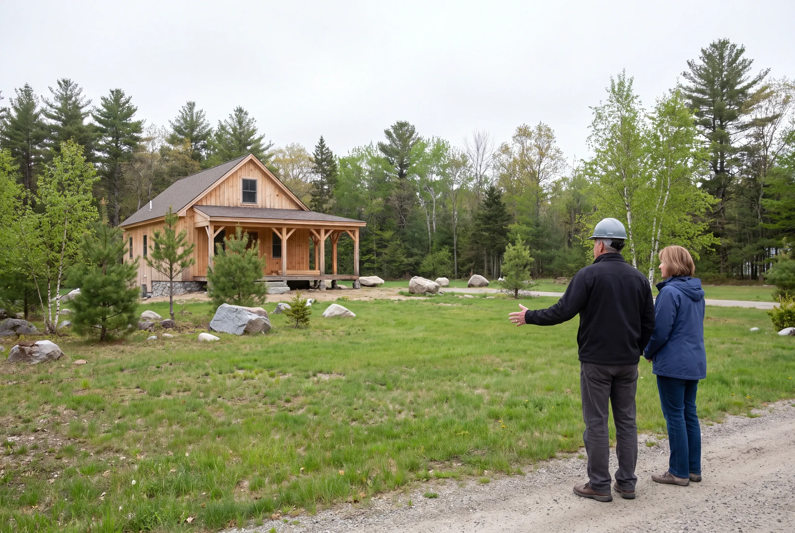 A builder and a woman stand on a grassy lot viewing a wooden cabin among trees.