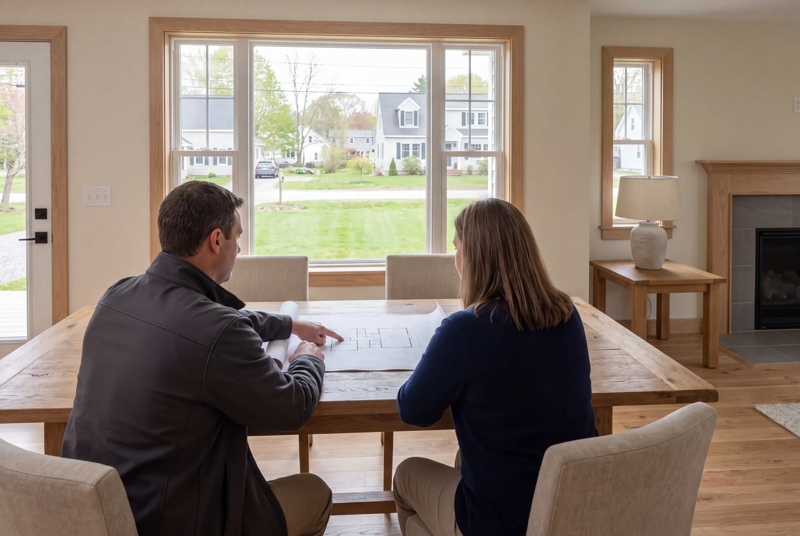 Two adults sit from behind at a wooden table in a room with large windows, reviewing a house plan together.