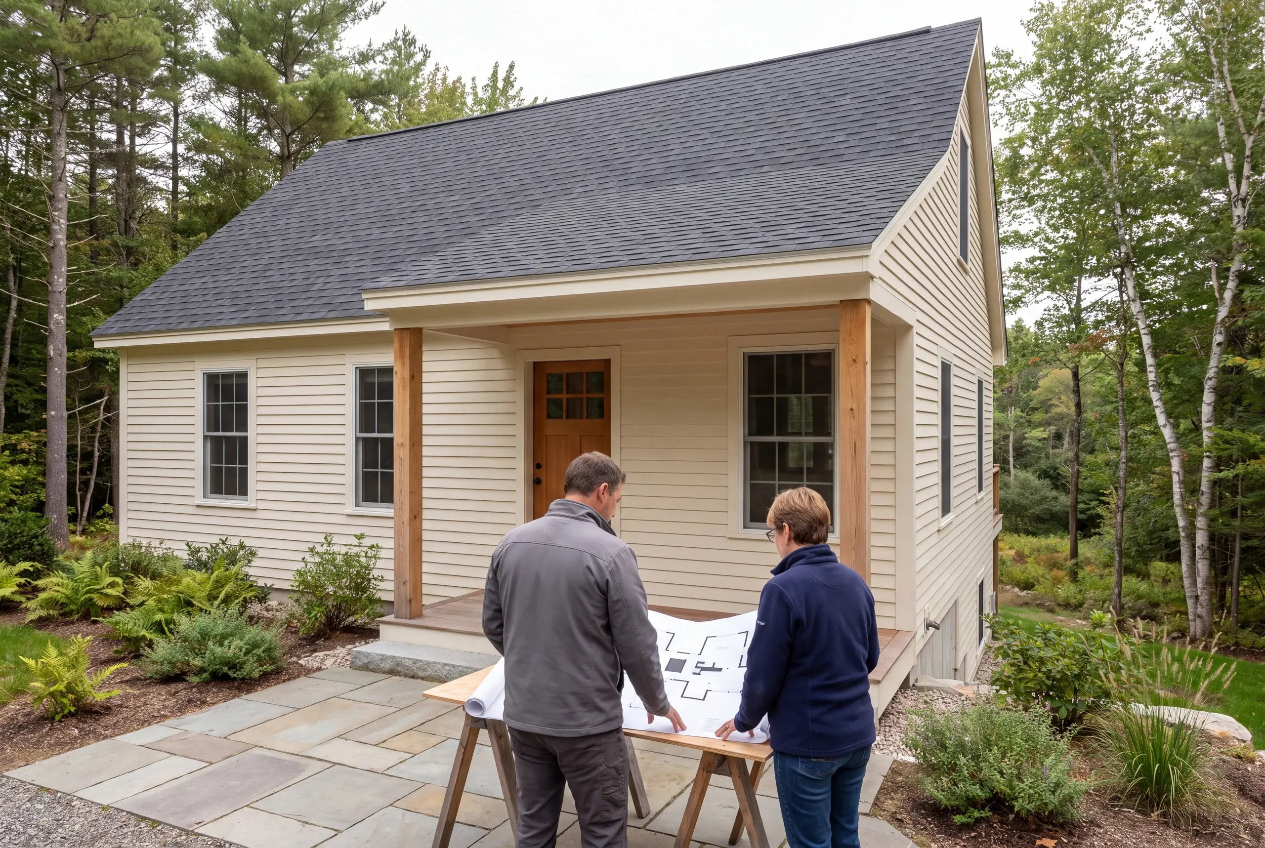 Two adults standing outside a newly built house, reviewing a floor plan on a sawhorse table.