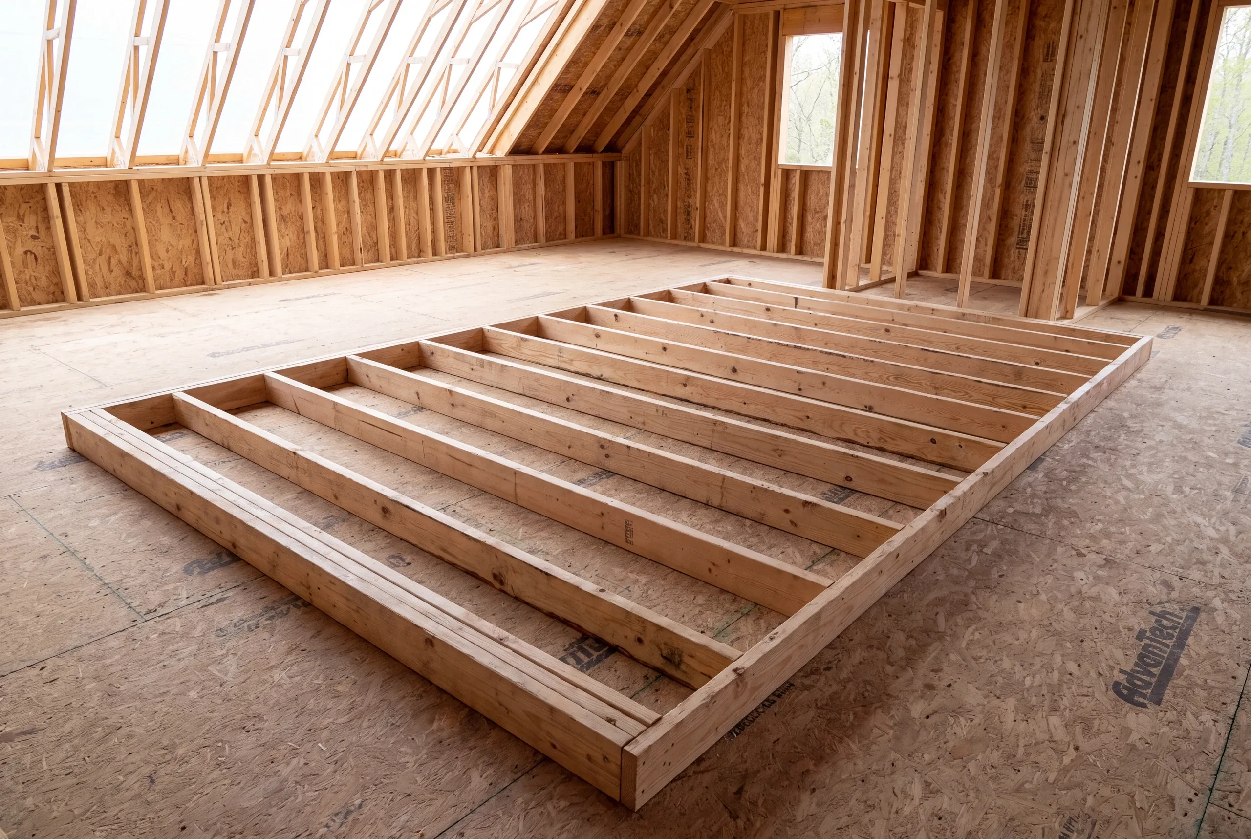 A wooden rectangular wall framing lies flat on an OSB subfloor inside a room under construction with exposed roof trusses.