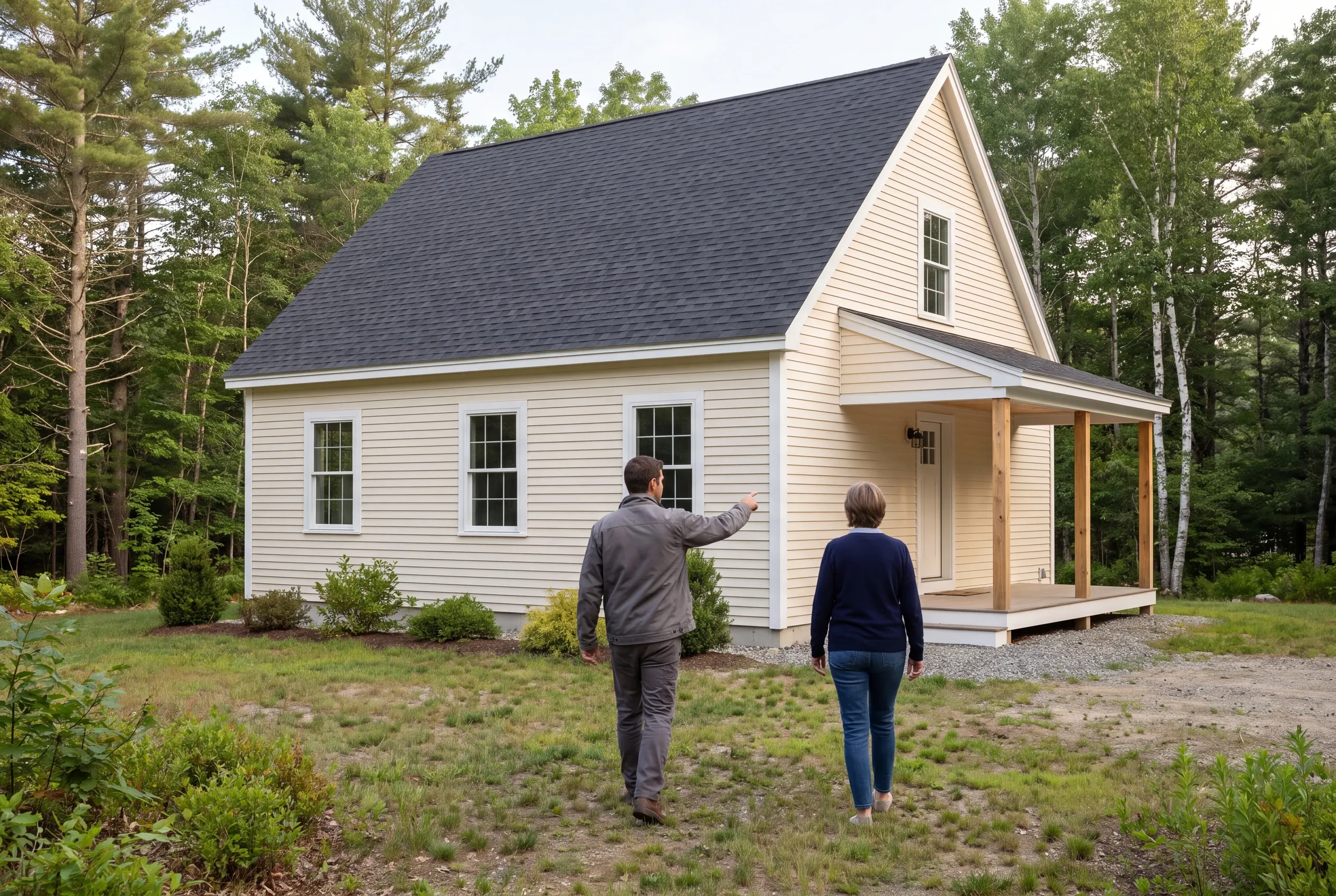 Two adults seen from behind walk across the lawn toward a newly built beige house with a covered porch.
