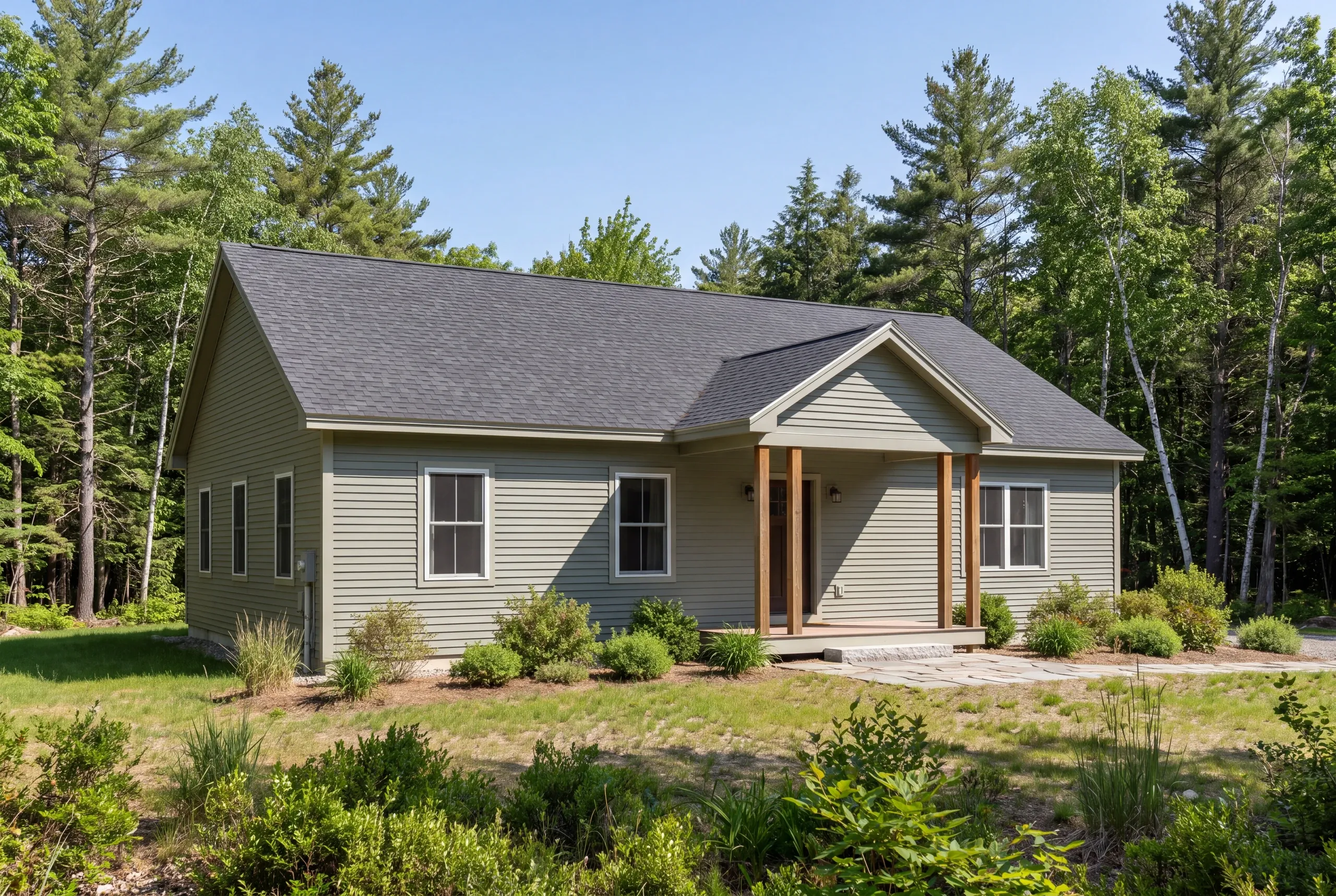 Exterior view of a newly built light green single-story home surrounded by trees with a covered front entryway and stone pathway.