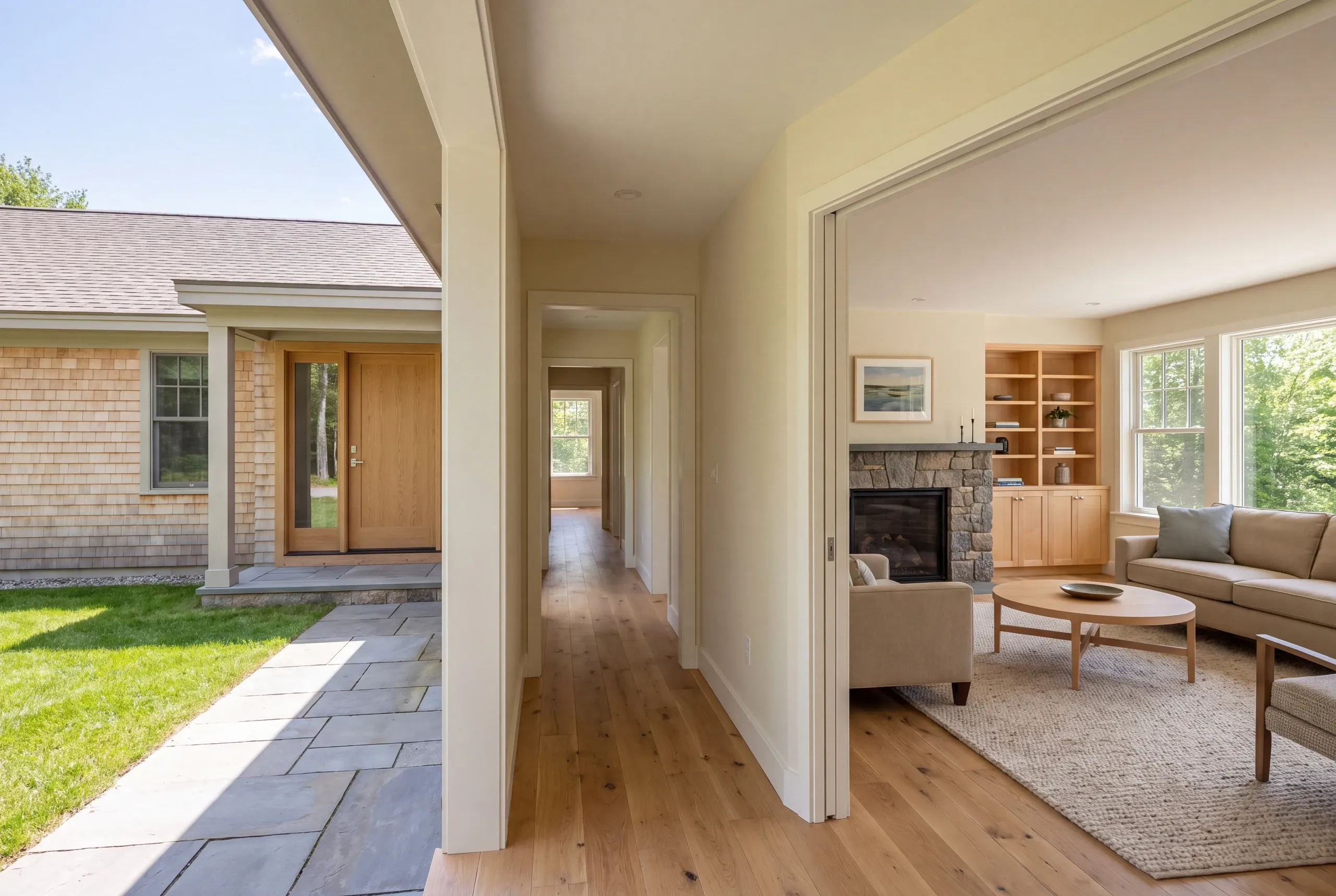 View from an entryway toward a hallway and connected living room with a fireplace and furniture.