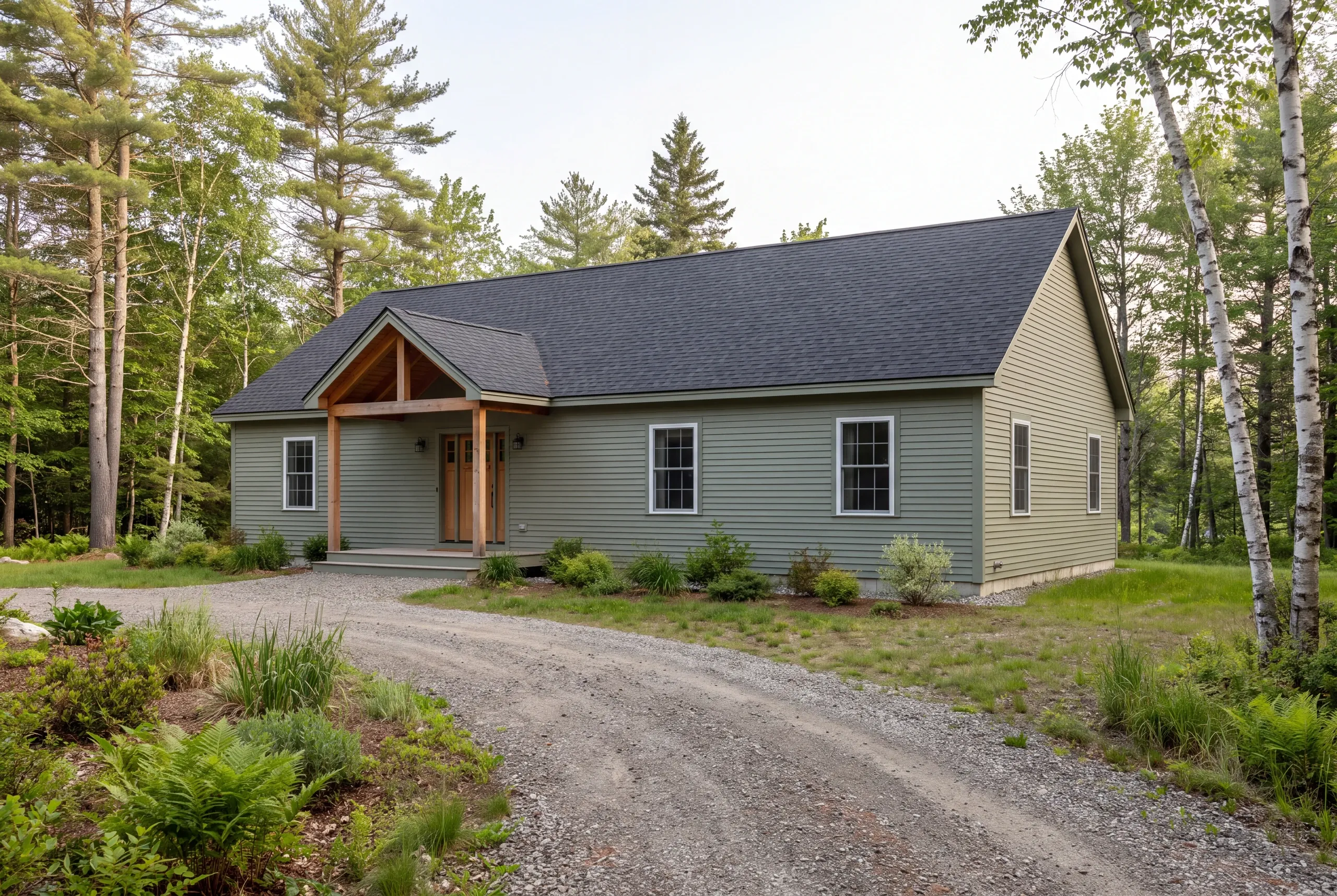 A one-story green siding house with a dark roof and wooden entryway stands surrounded by trees and a gravel driveway.