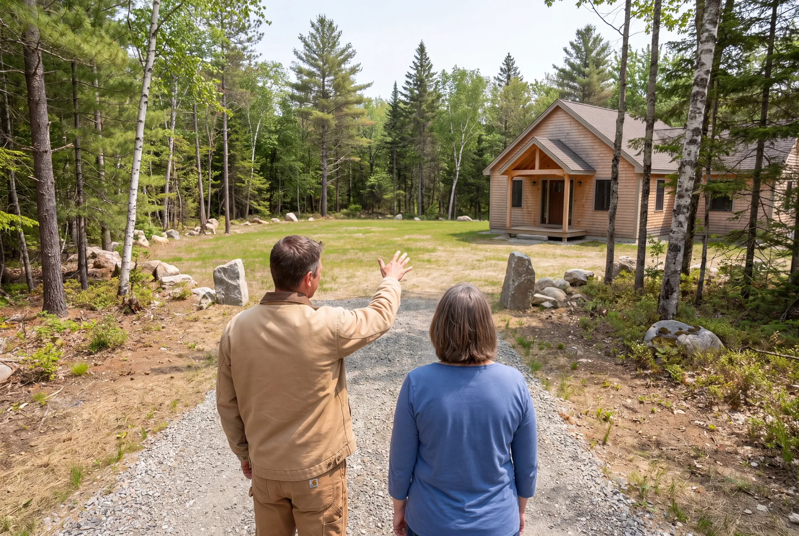 Two adults stand on a gravel path facing a wooden house surrounded by trees and a clearing.