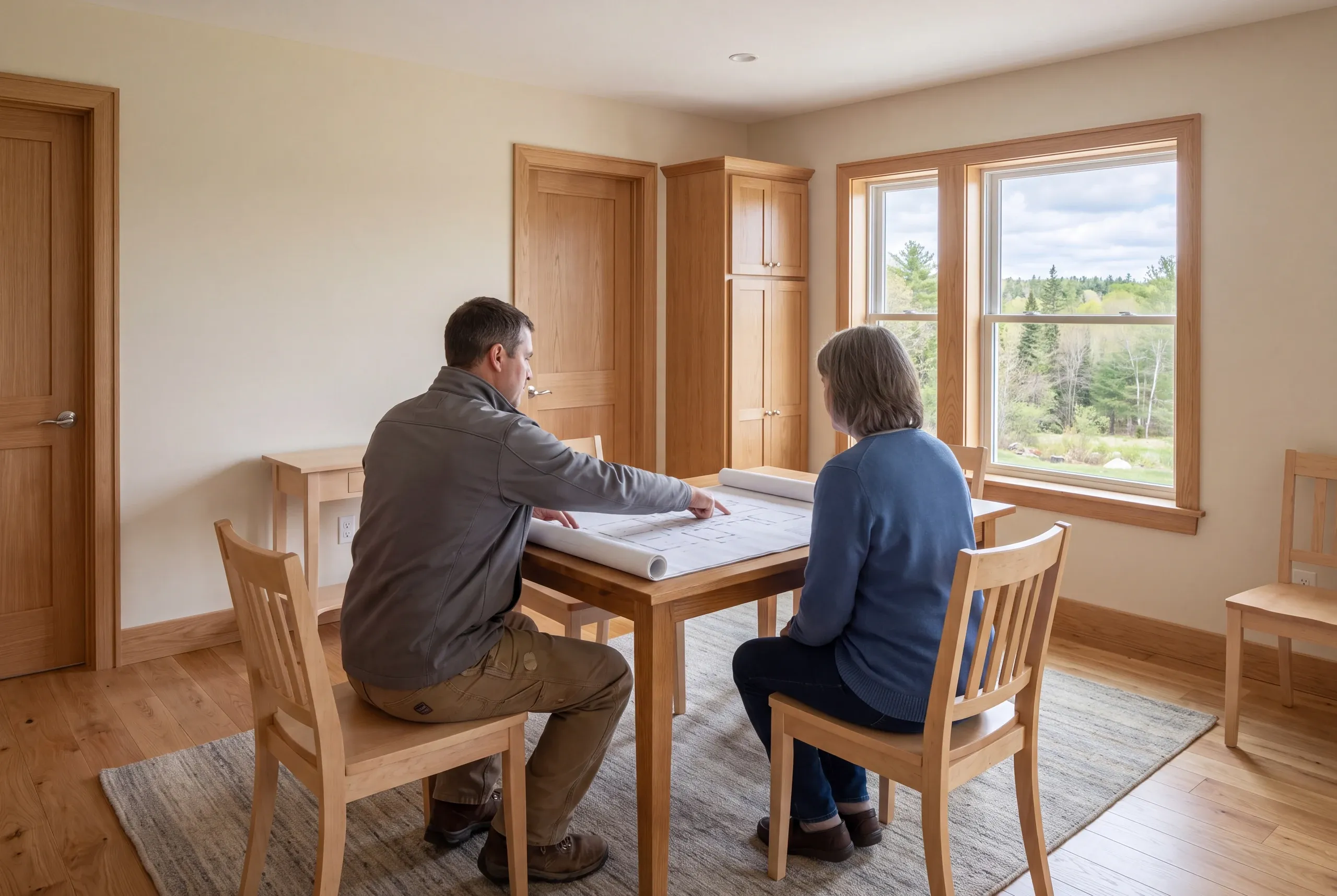 Two adults sit at a wooden table in a room with hardwood floors, reviewing a large architectural blueprint spread out before them.