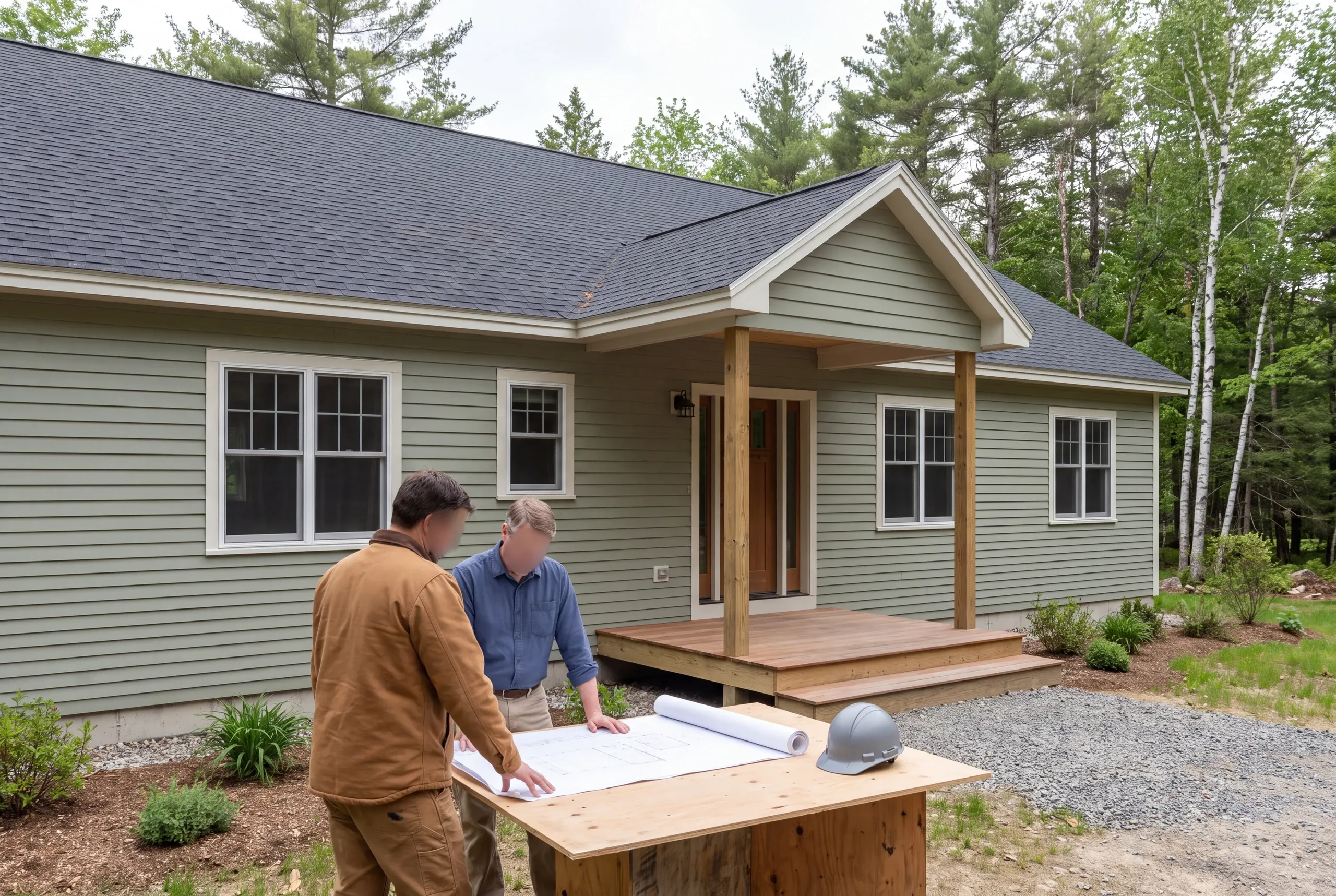 Two men stand outside a newly constructed green house reviewing architectural blueprints on a wooden table.