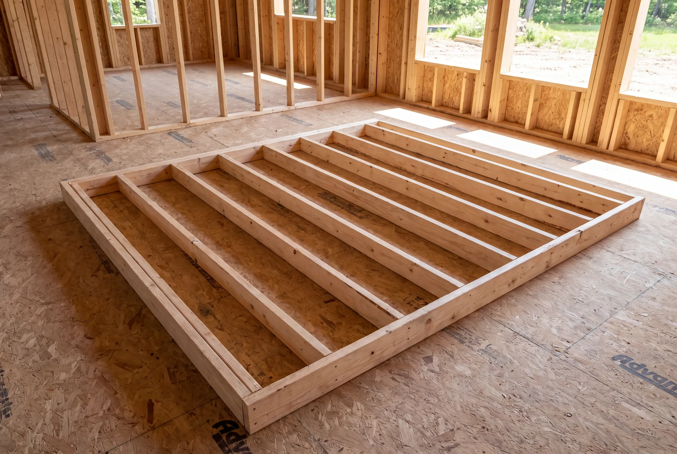 A wooden partition wall frame lies flat on an engineered subfloor inside an unfinished building under construction.