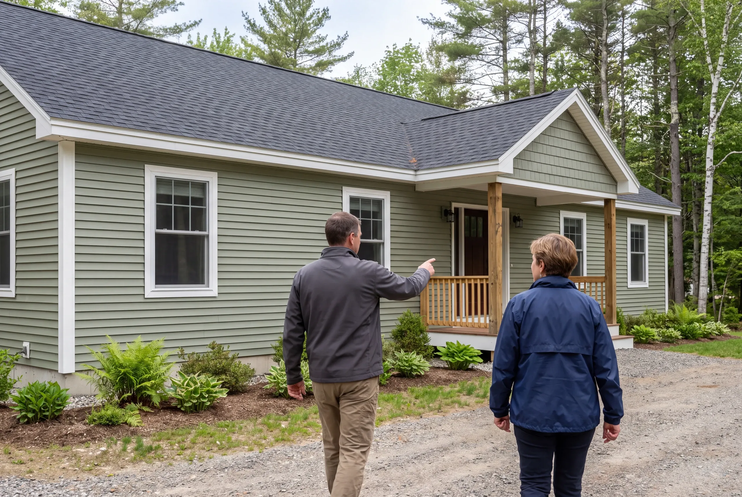 Two adults viewed from behind walk on a gravel driveway toward the covered entryway of a single-story green sided home.