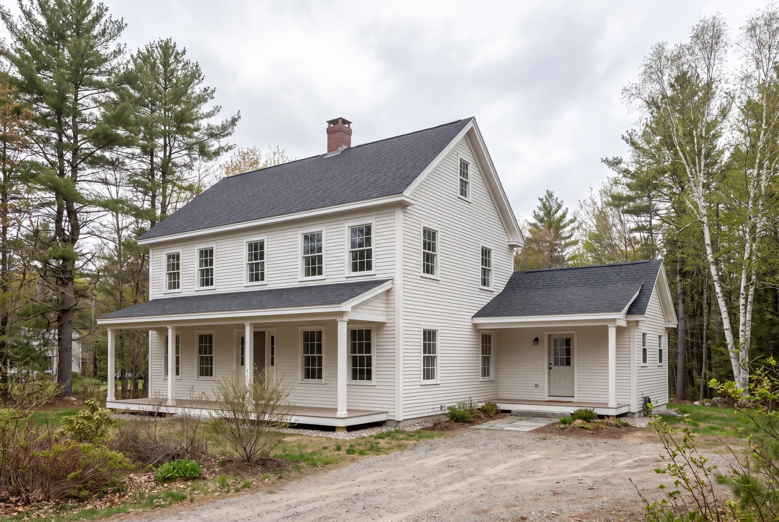 Exterior view of a white two-story New England style home with a dark shingle roof, wrap-around porch, and attached side entry.