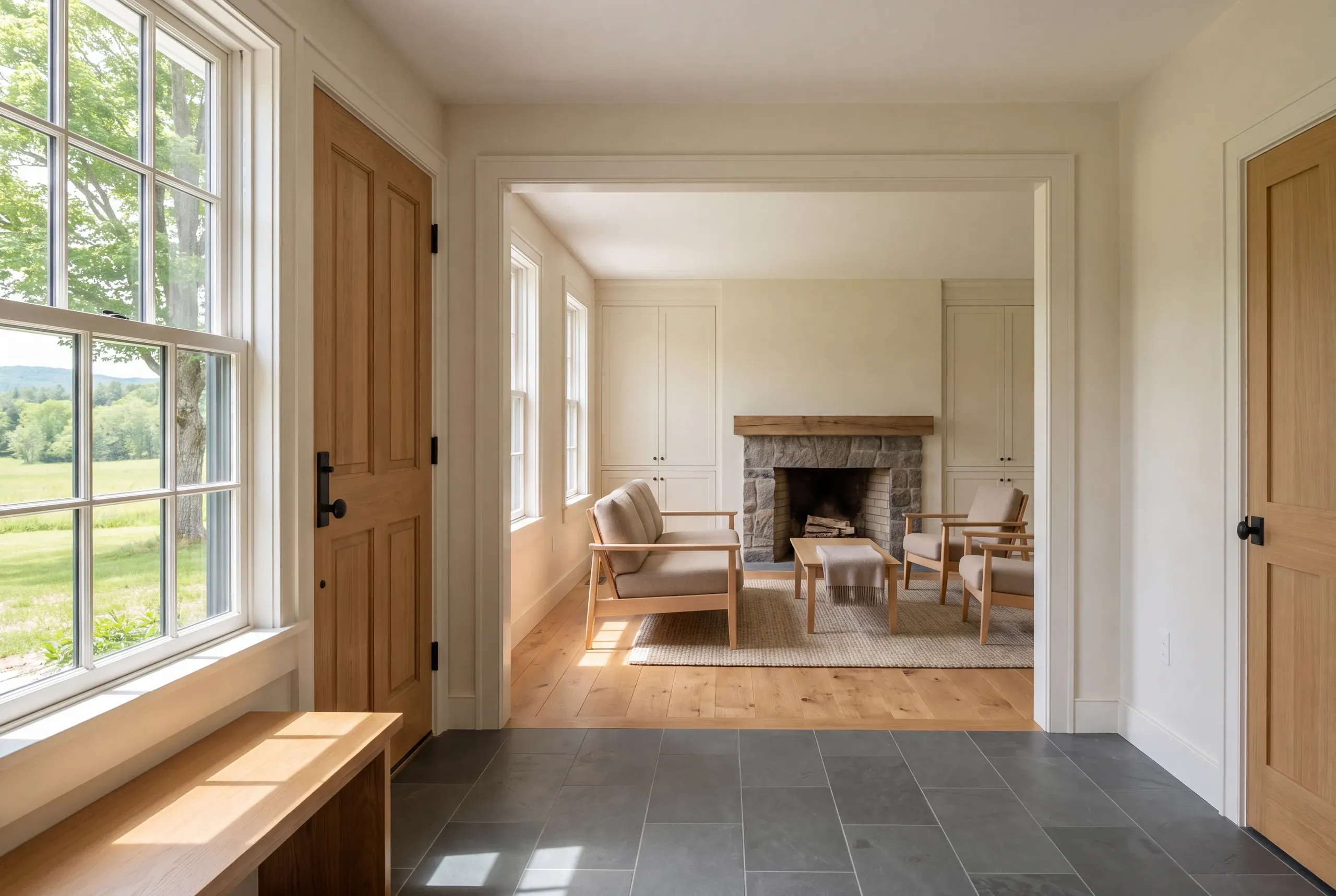 An interior view showing a tiled entryway connected to a living room with a stone fireplace and wooden furniture.