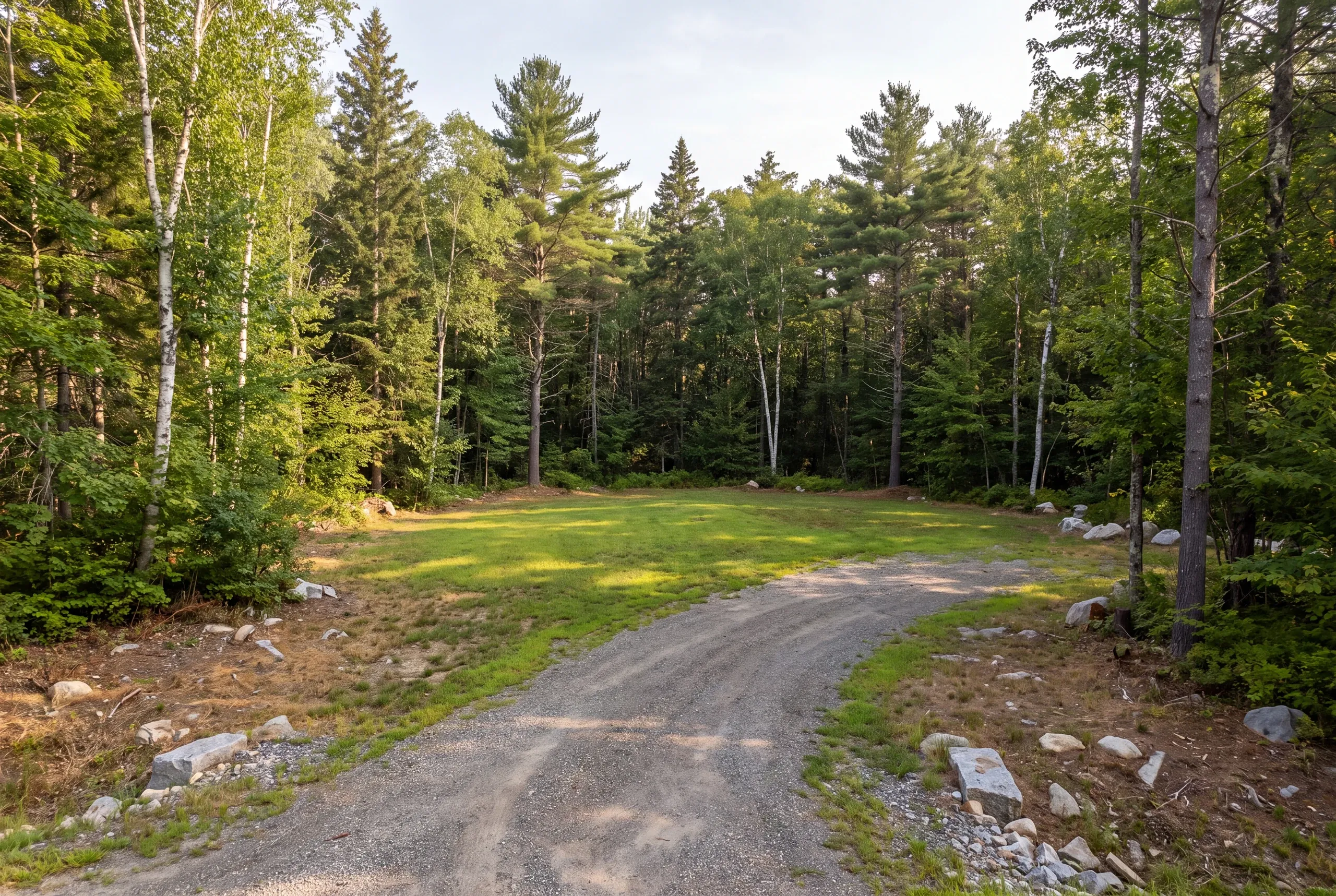A gravel driveway curves into a grassy clearing surrounded by a dense forest of pine and birch trees.