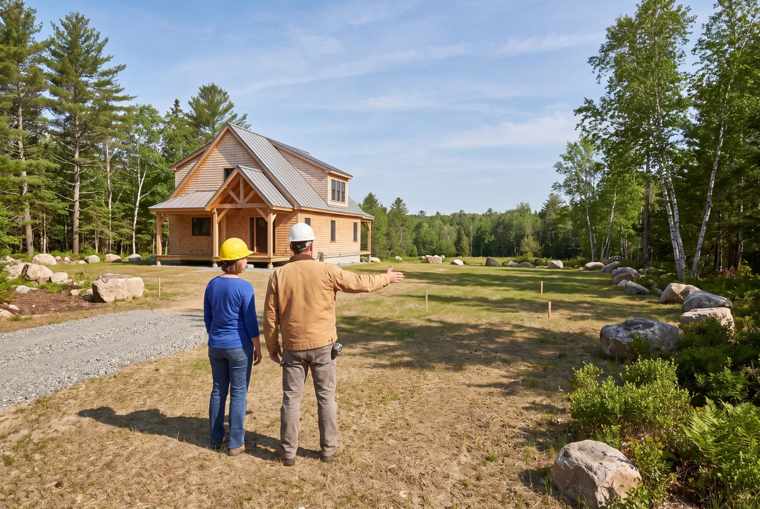 Two people wearing hard hats stand on a grassy lot while one points toward an open field with a house in the background.