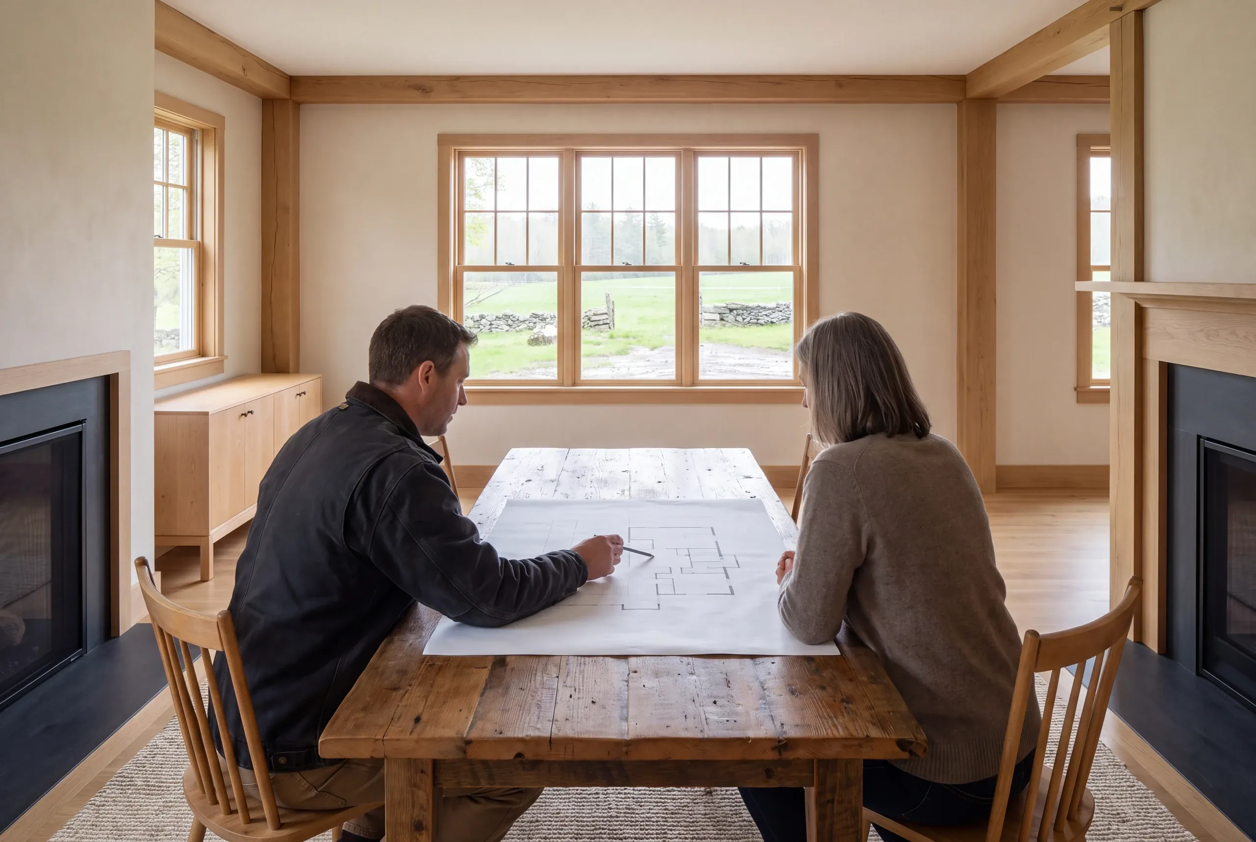 A man and a woman are seated at a wooden table reviewing a floor plan in a room with timber framing and large windows.