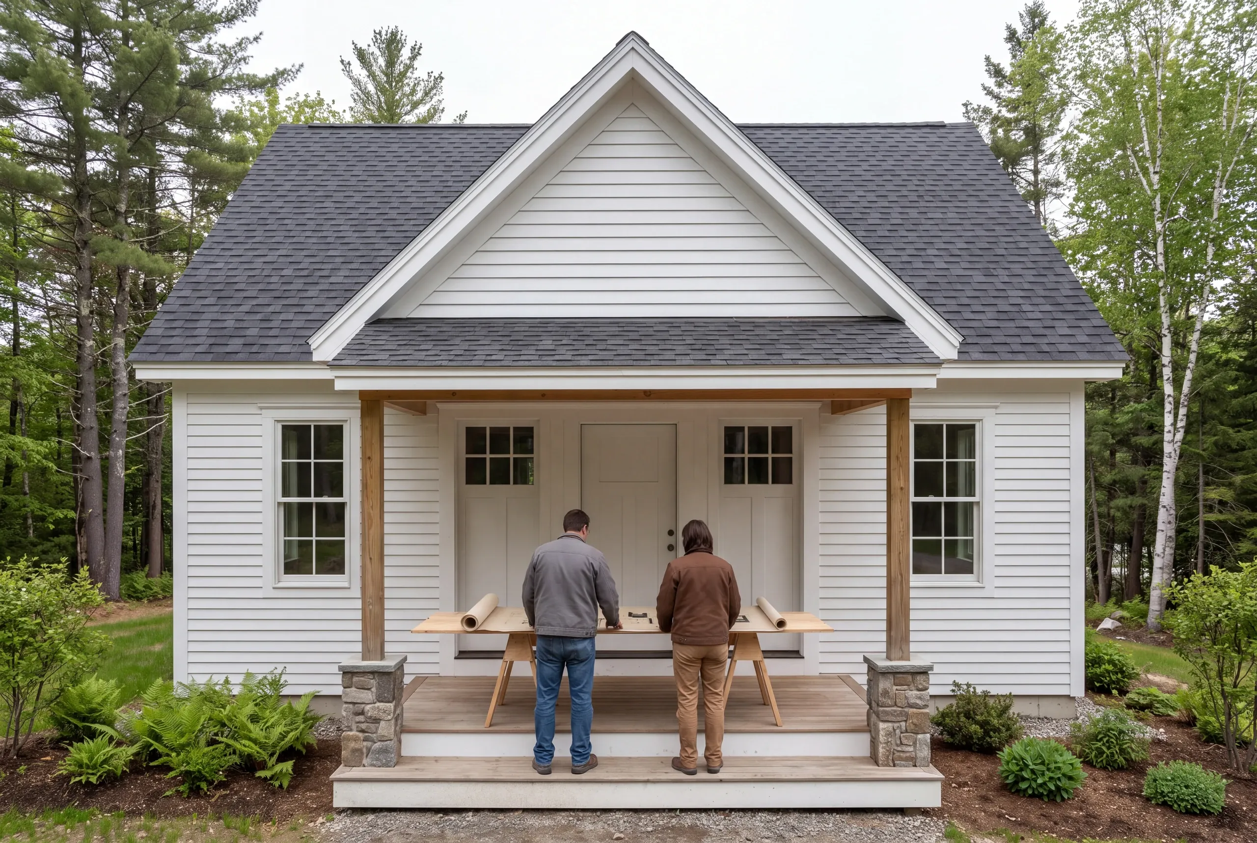 Two people stand from behind on a porch reviewing rolled documents on a sawhorses table in front of a white house.