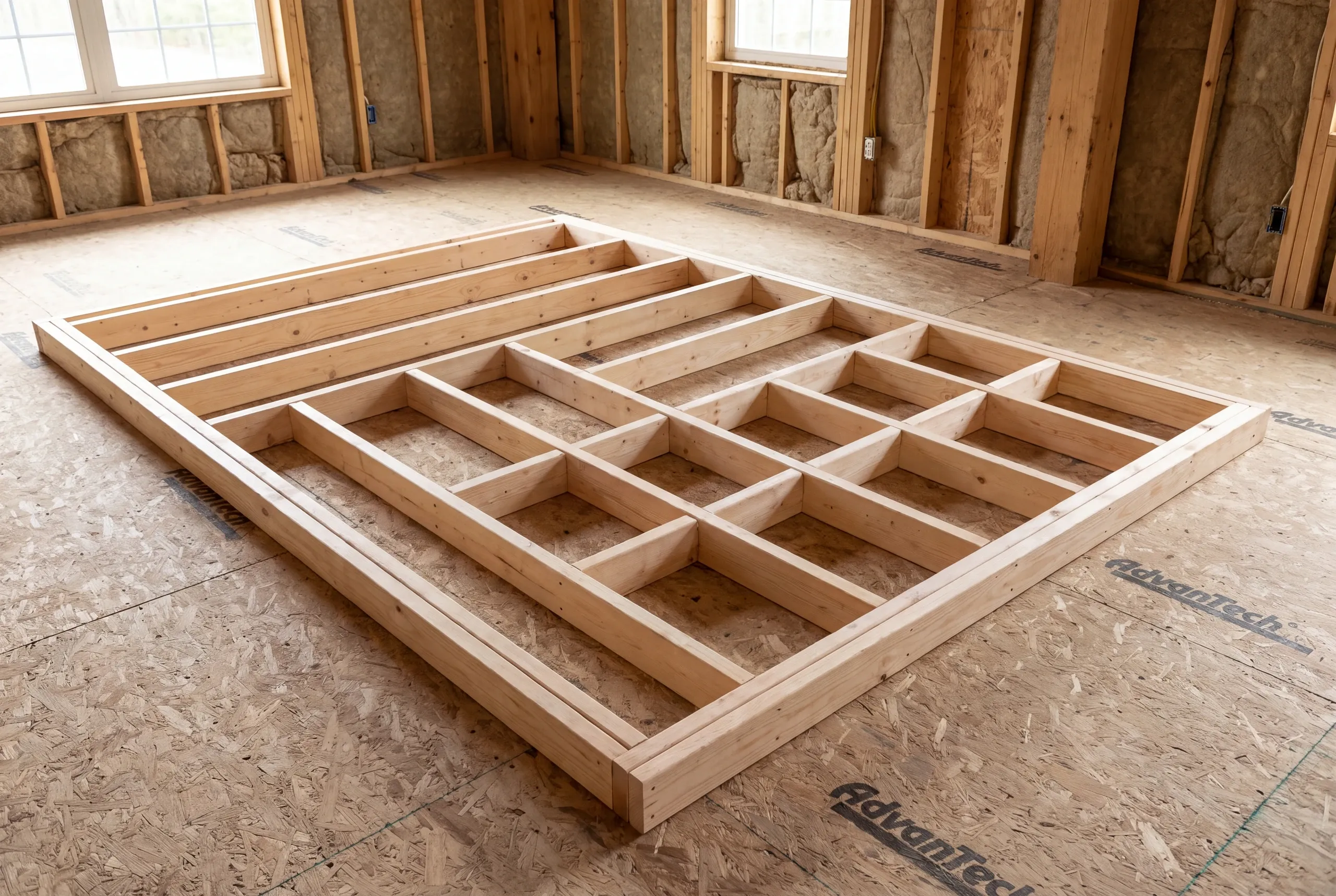 A wooden interior wall frame lies flat on a subfloor inside a room with framed walls and insulation.