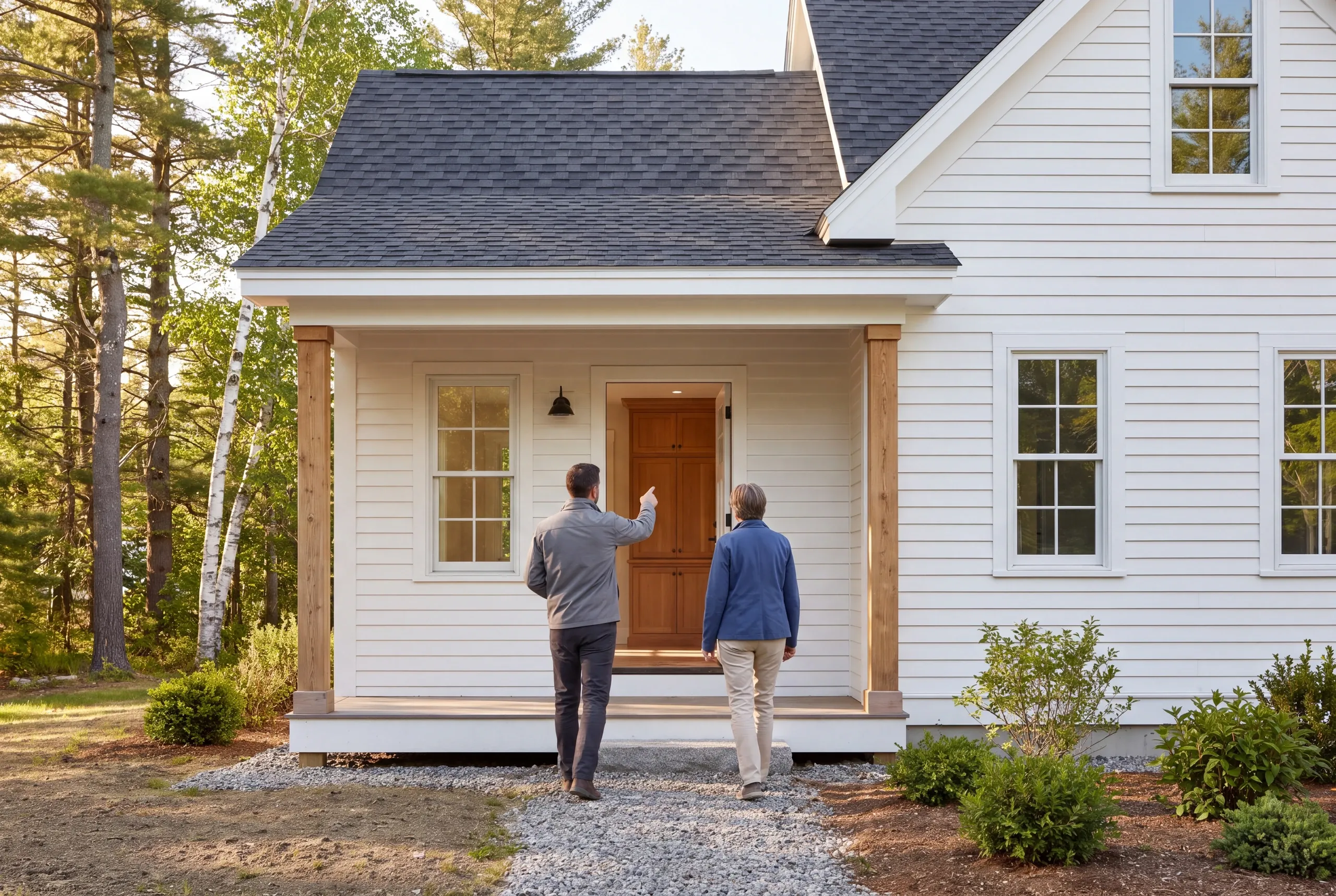 Two people viewed from behind walk towards the front porch of a white-sided house with a dark shingled roof.