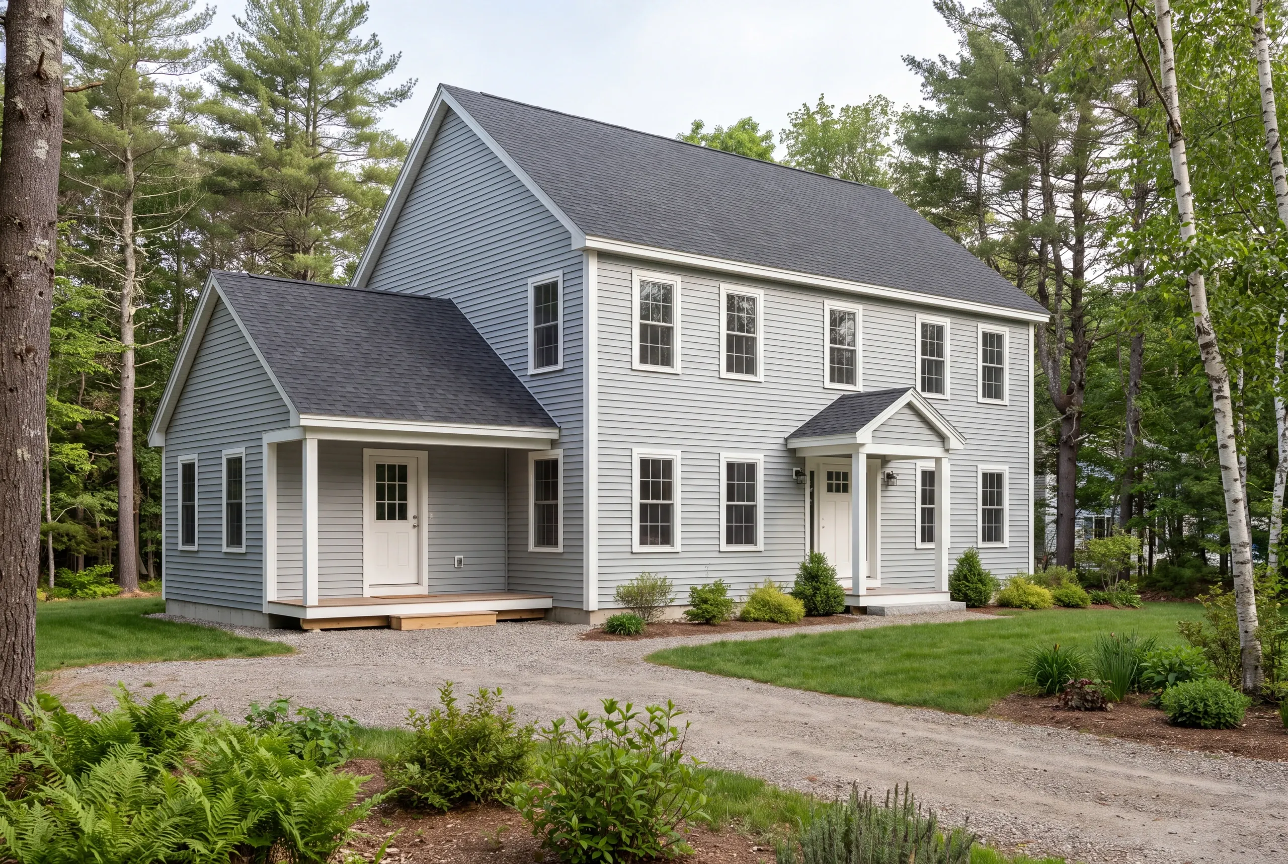 Exterior view of a newly built two-story gray New England-style home with white trim, dark shingle roof, a covered side entryway porch, and a gravel driveway surrounded by trees.