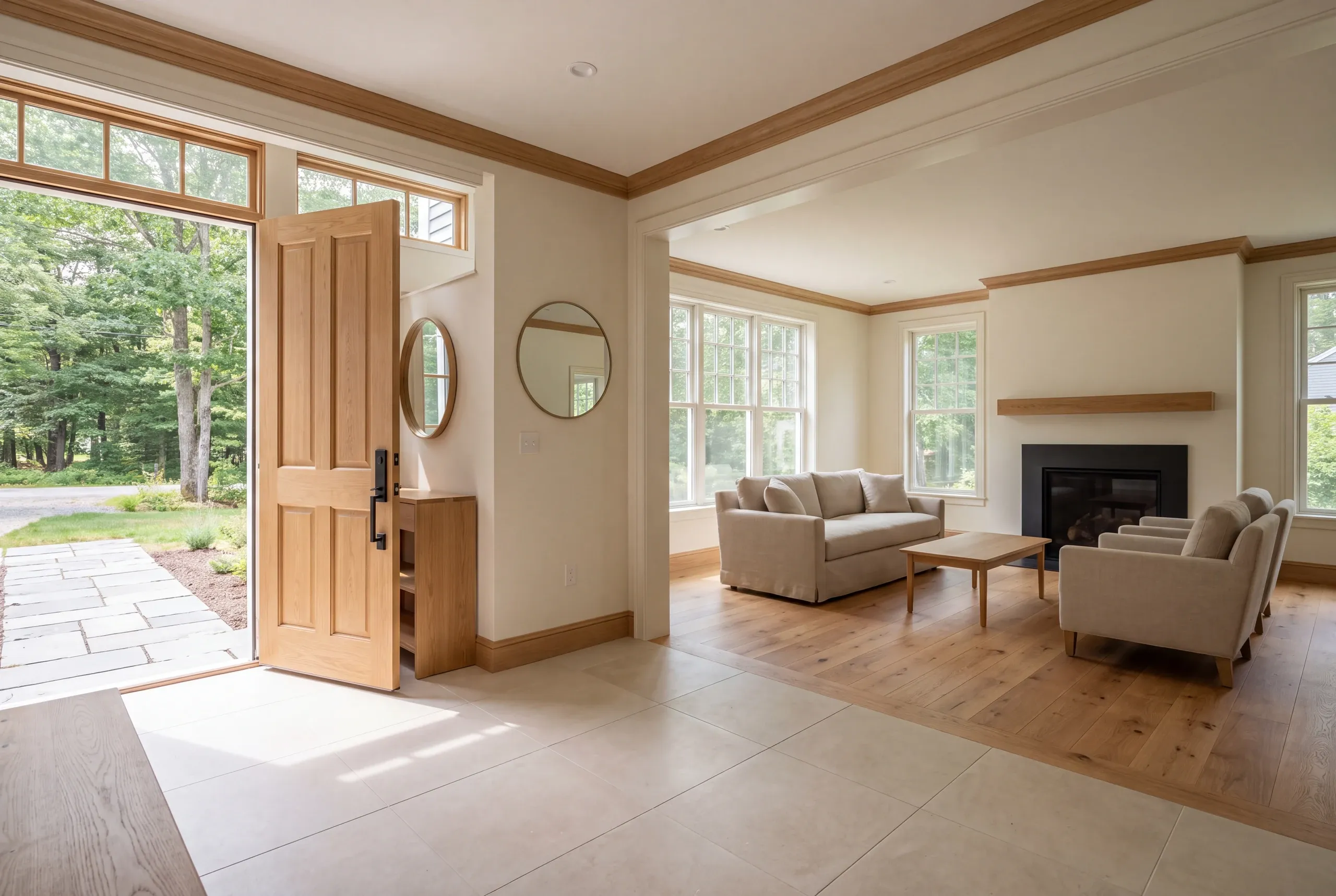 An open wooden front door reveals an entry foyer with light tile flooring that transitions to hardwood in an adjacent living room featuring a sofa, armchairs, and a fireplace.