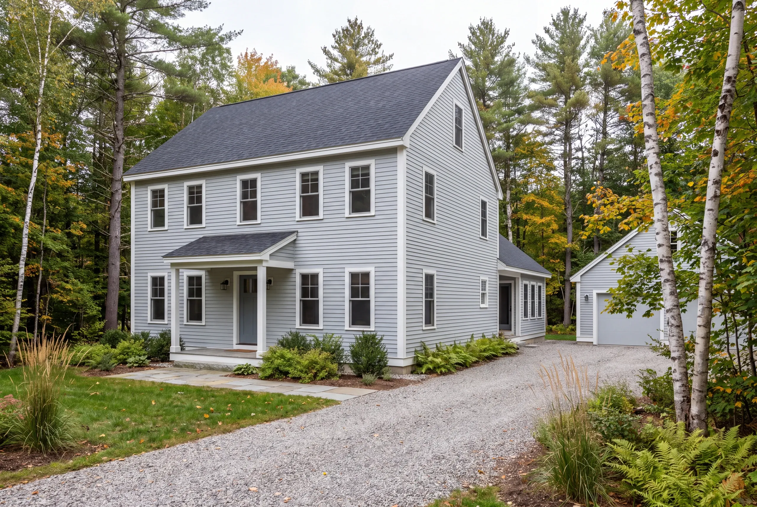 A two-story light blue house with a gravel driveway and surrounding trees during autumn.