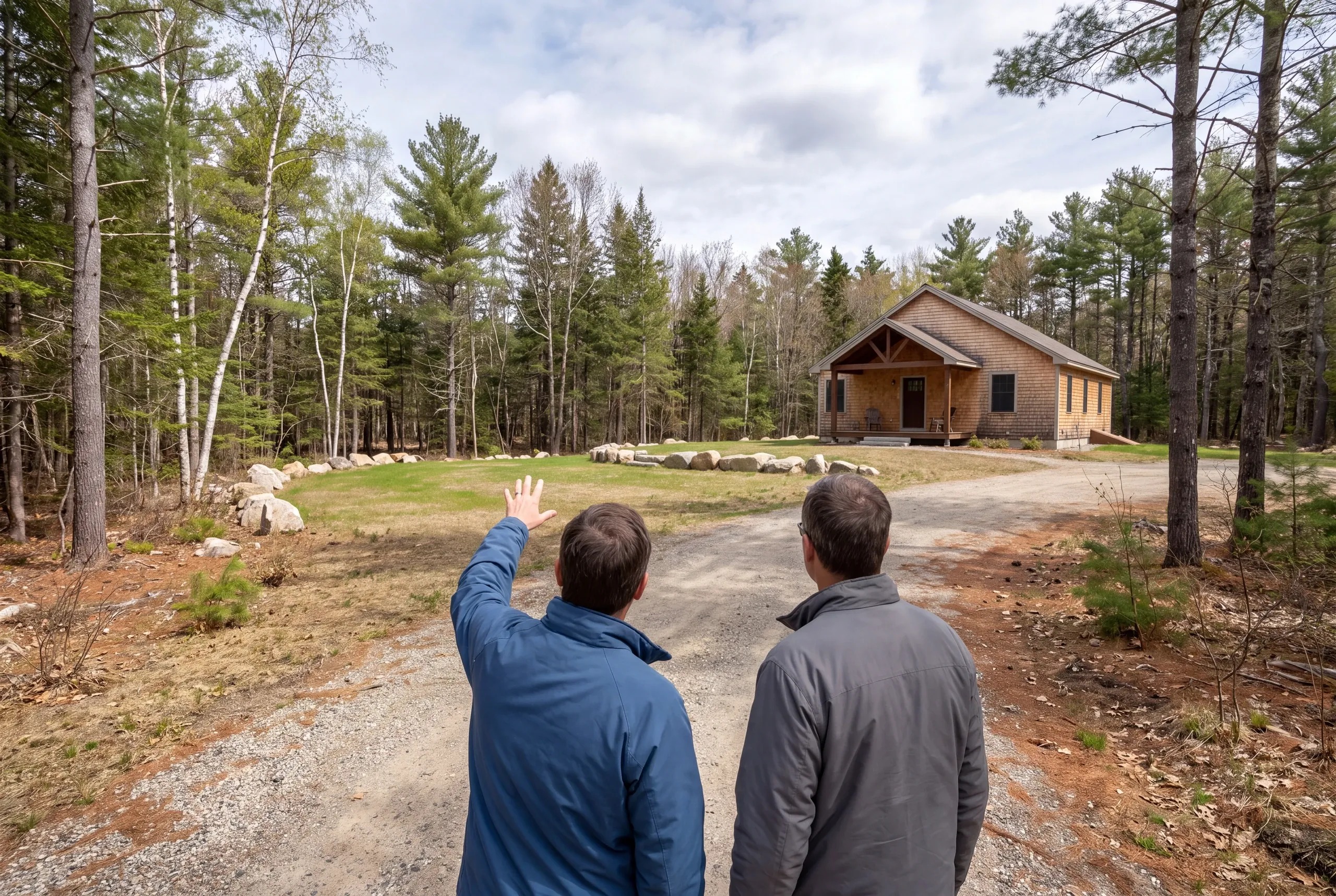 Two adults viewed from behind stand on a gravel path looking toward a clearing and a small wooden house in a wooded area.