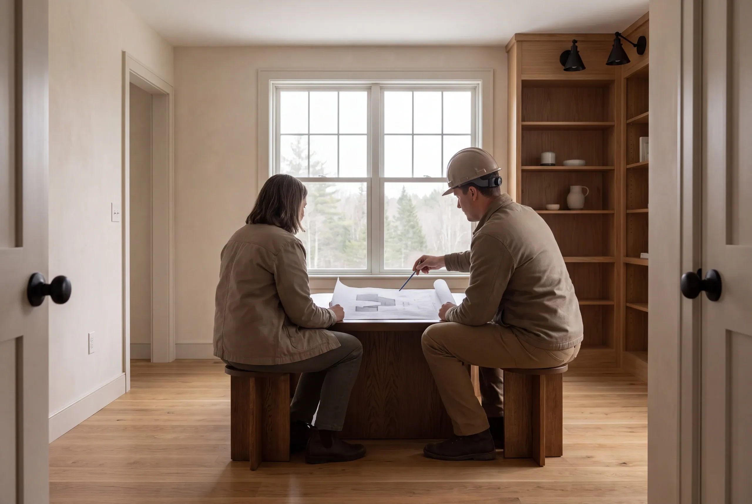 Two adults sit at a wooden table in a room with a window, reviewing a blueprint.
