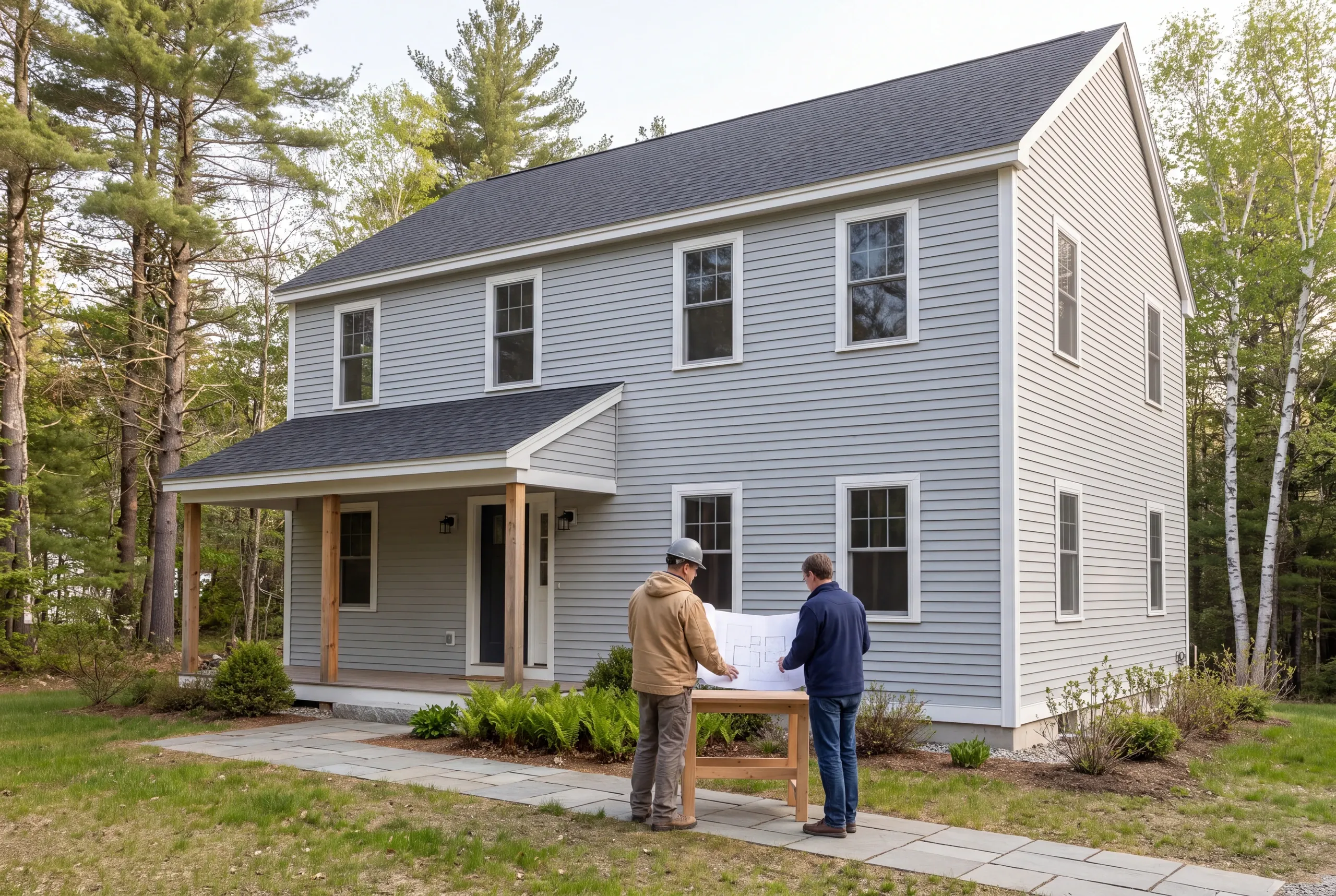 Two people stand in front of a gray two-story house reviewing a large floor plan blueprint.