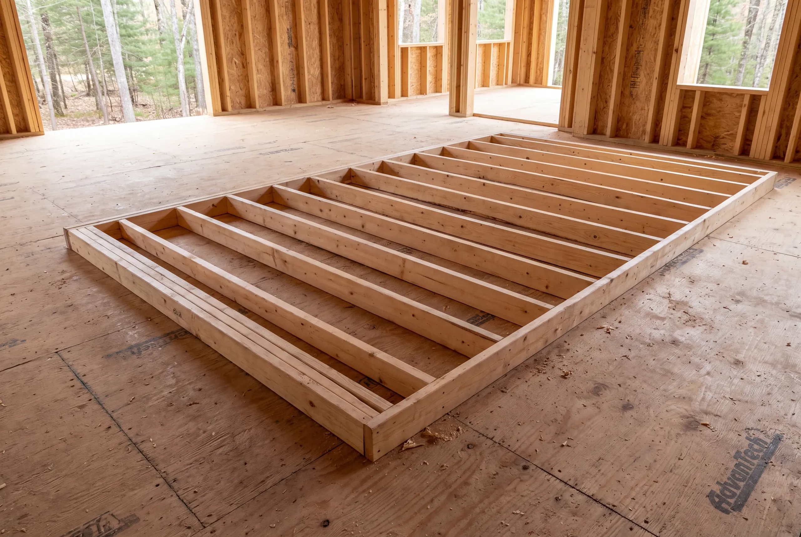 A wooden wall frame lies flat on a plywood subfloor inside a house under construction.