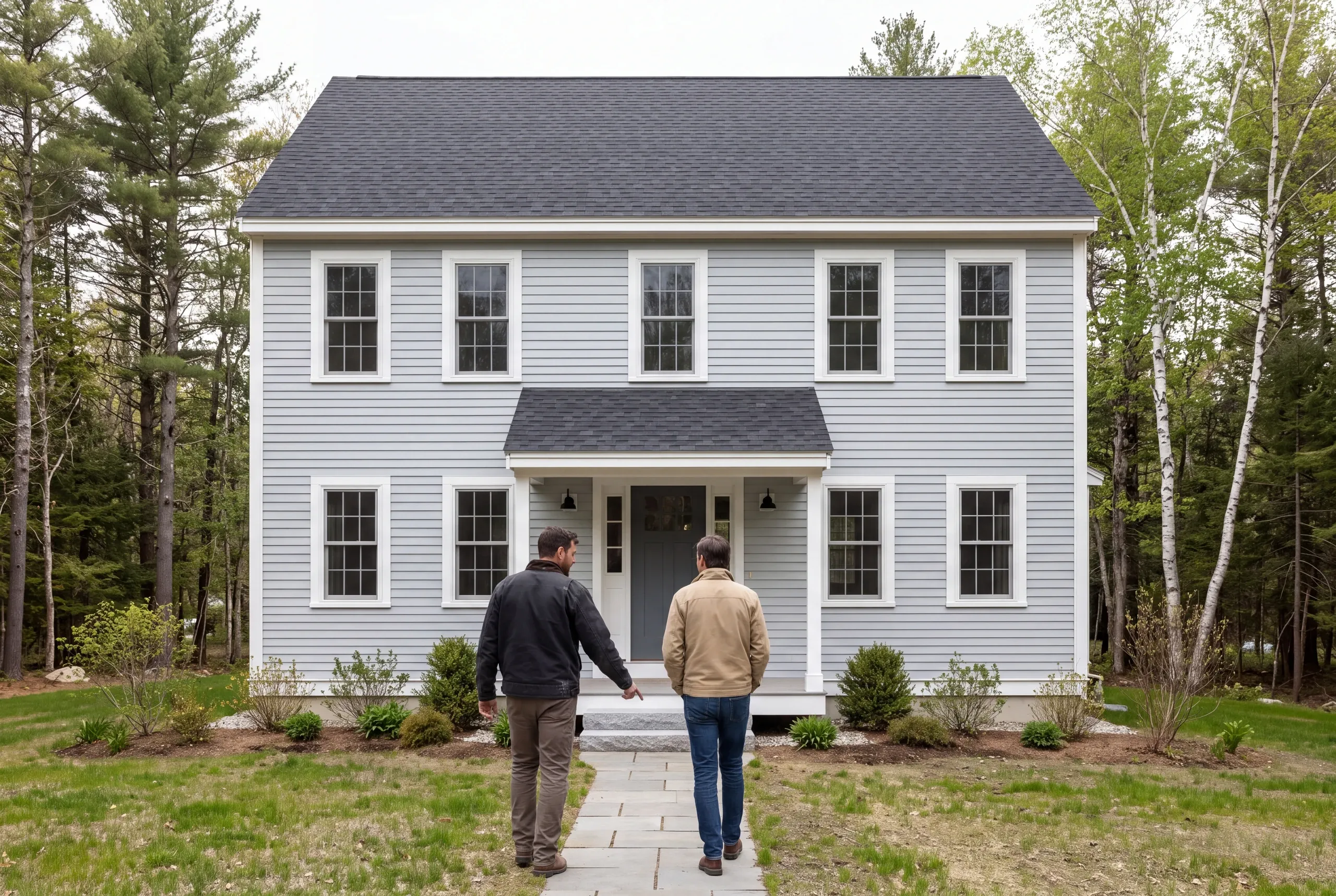 Two men walk along a stone pathway toward the front entrance of a two-story gray sided house surrounded by trees.