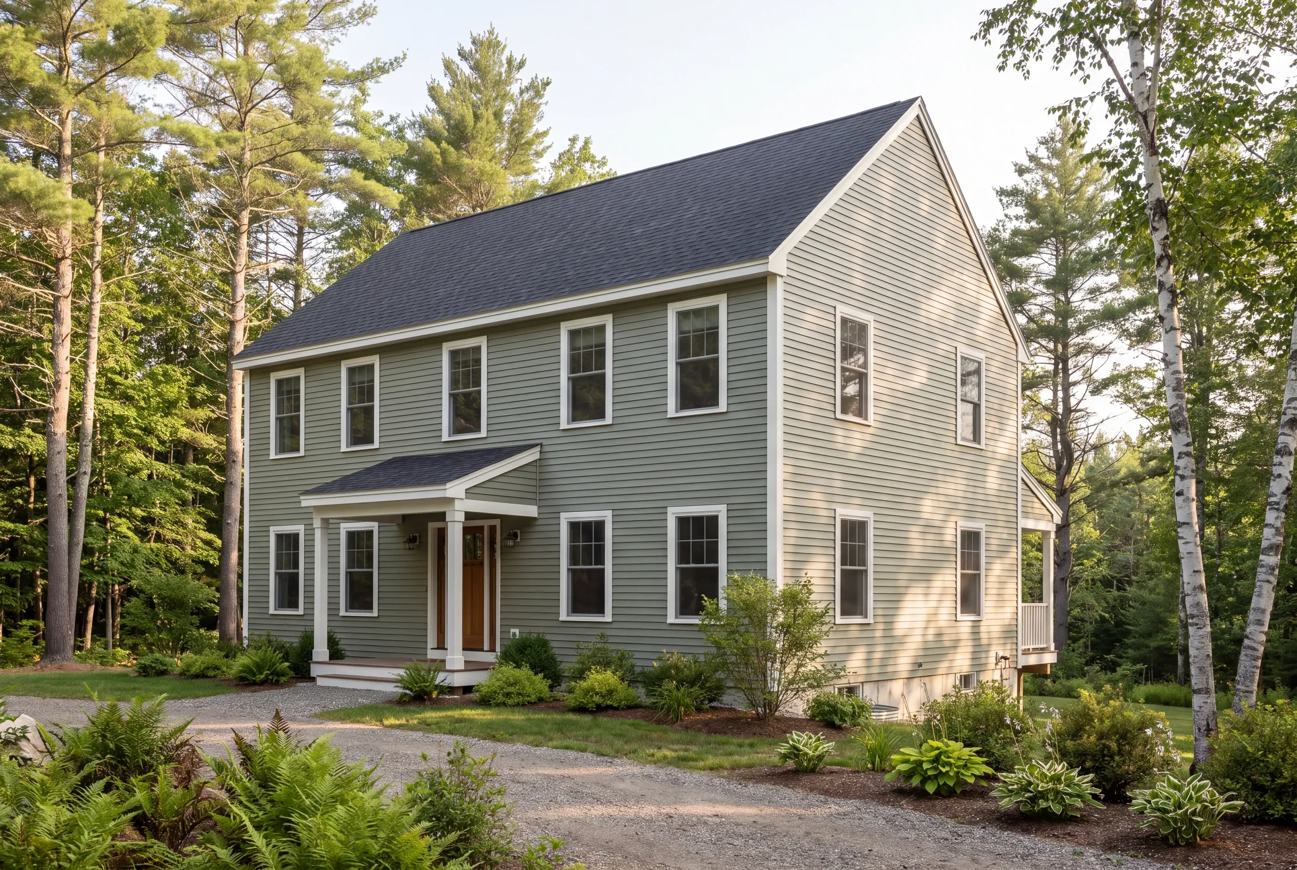 Exterior view of a newly built two-story green residential home with white trim and a gravel driveway surrounded by trees.