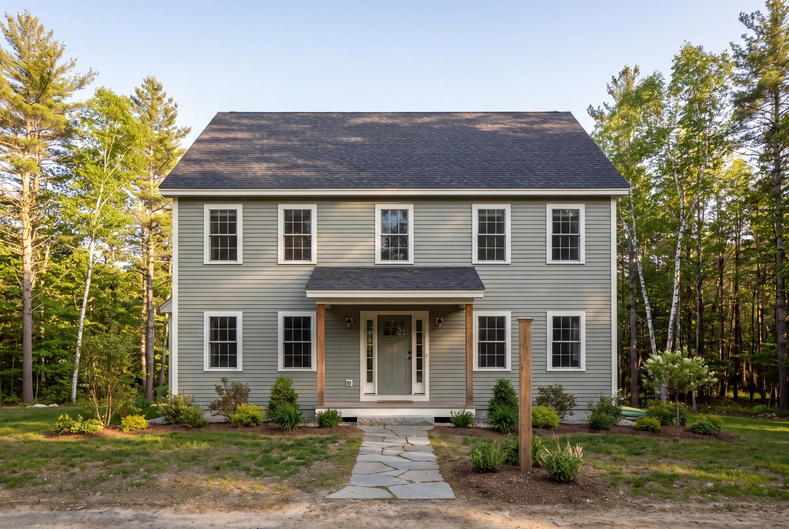 A two-story green sided house with a shingled roof, front porch, and flagstone walkway surrounded by trees.