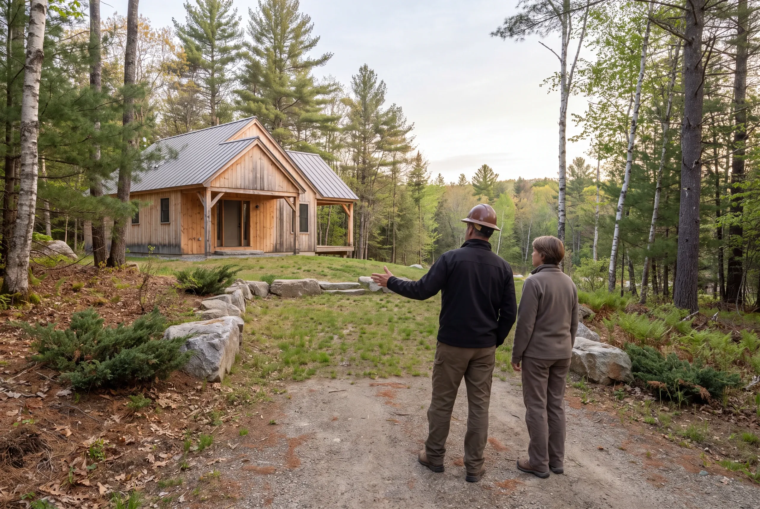 Two adults stand on a dirt path facing a wooden cabin set among trees, with the person on the left wearing a hard hat and gesturing forward with an open hand.