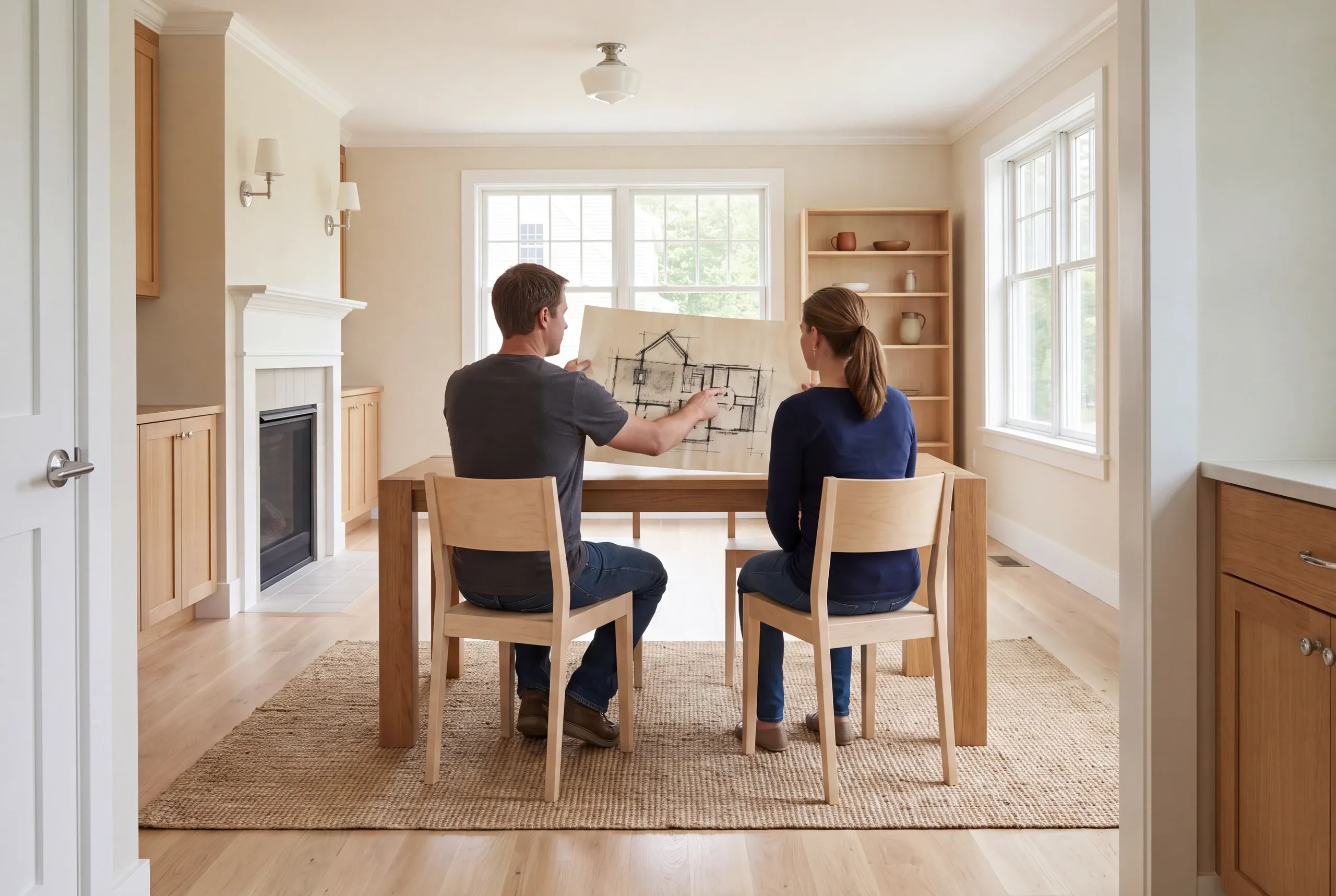 Two people are seated at a wooden table in a room, holding up a house plan between them.
