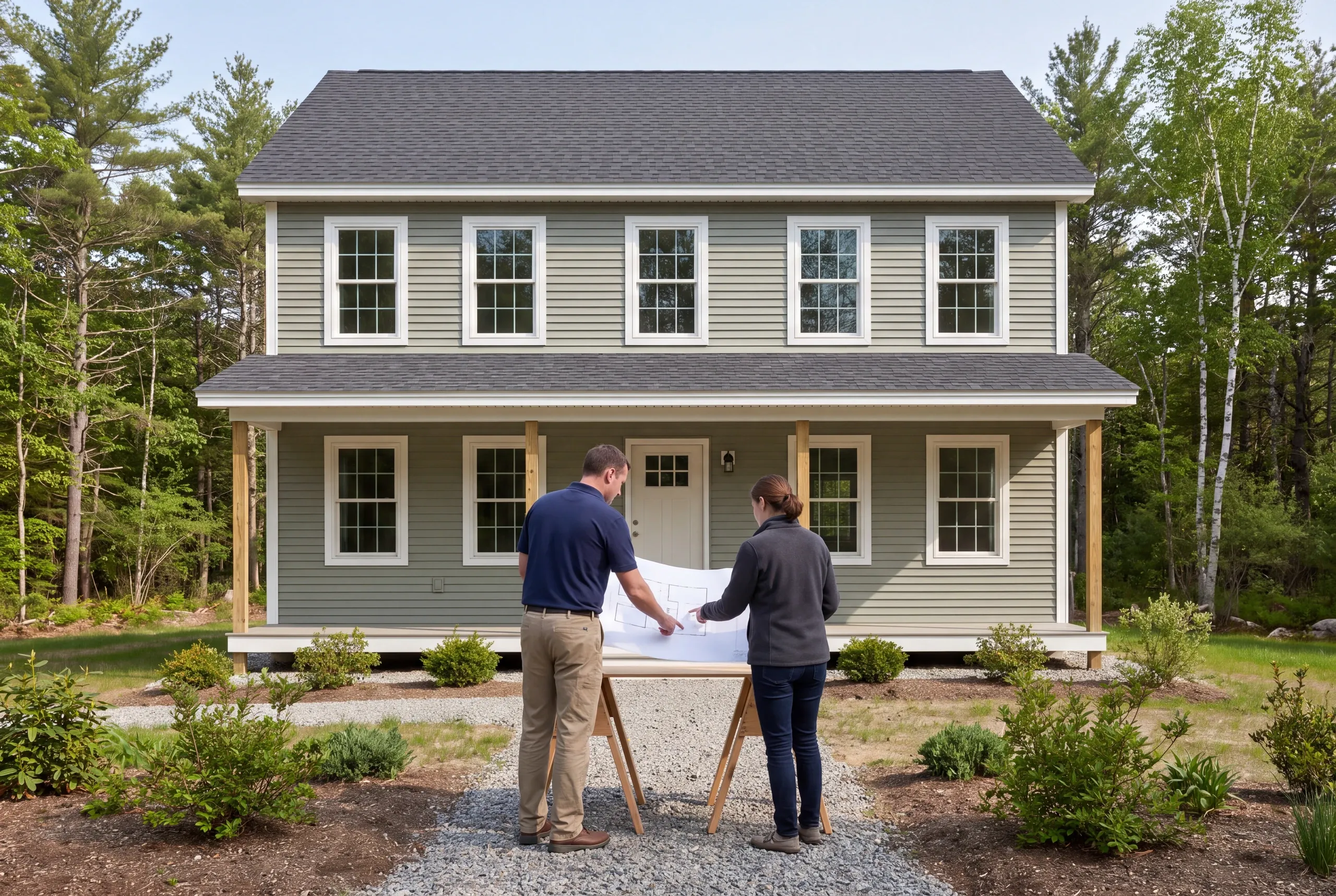 Two adults stand outside a two-story green house with a covered porch, reviewing a blueprint on wooden trestles.