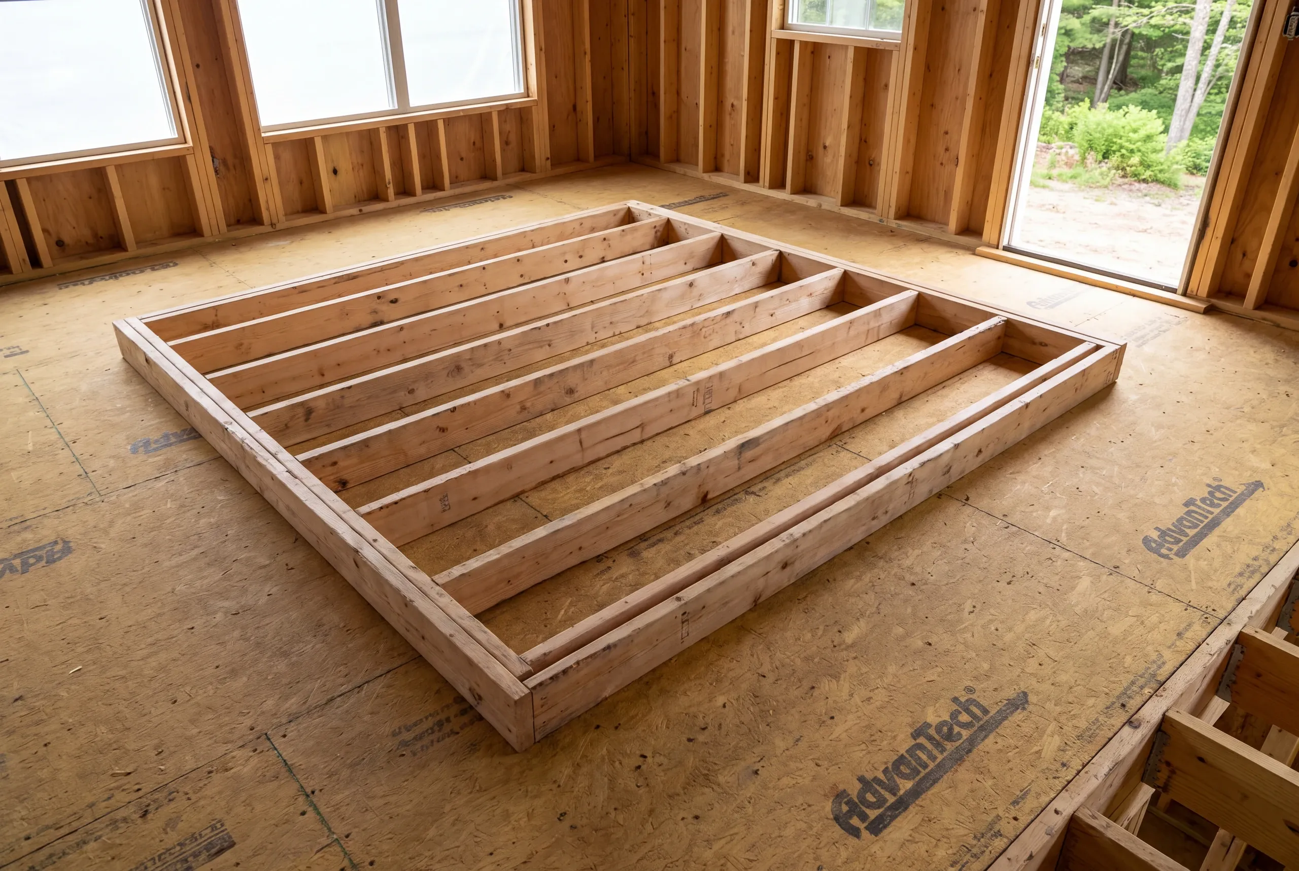 A wooden wall frame lies flat on a subfloor inside a room under construction.