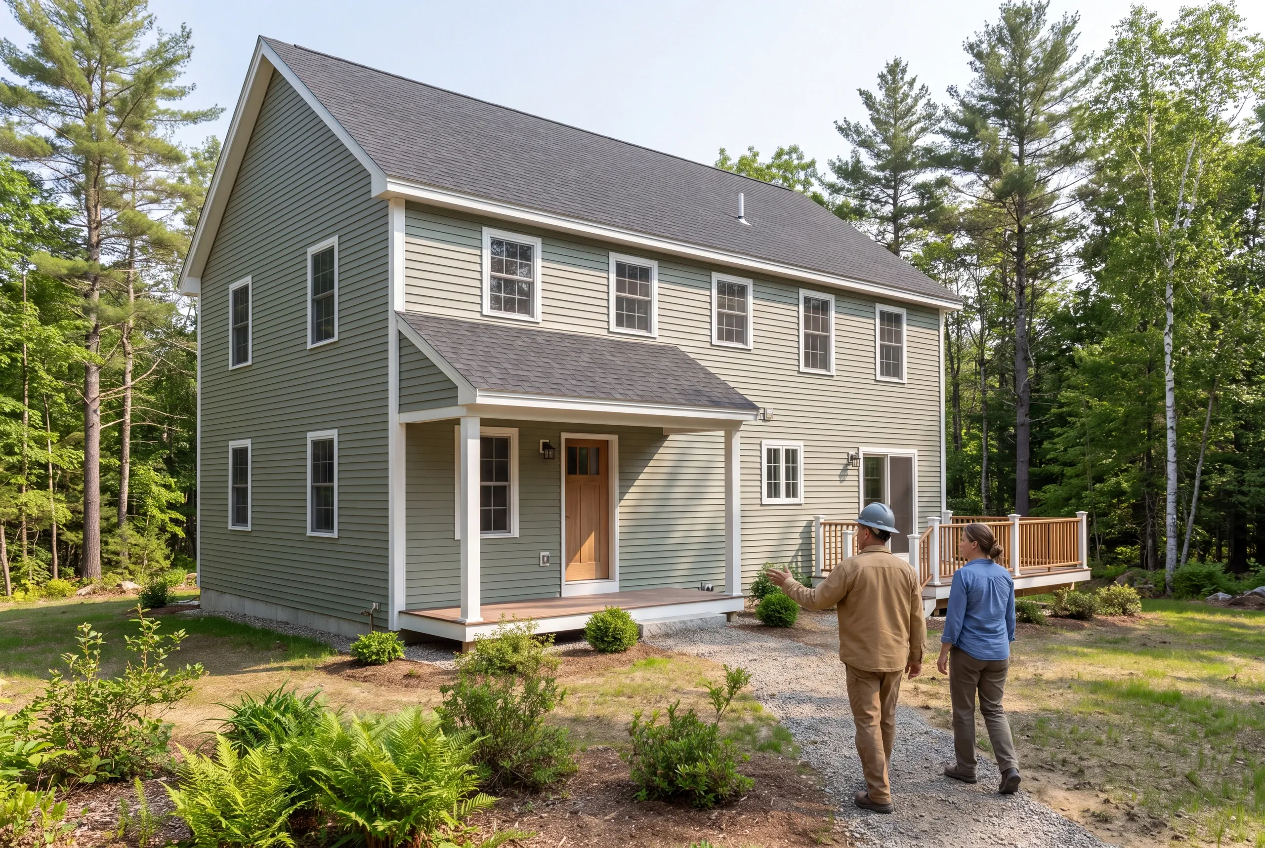 A builder and a homeowner walk along a gravel path toward the front entrance of a two-story green-sided house surrounded by trees.