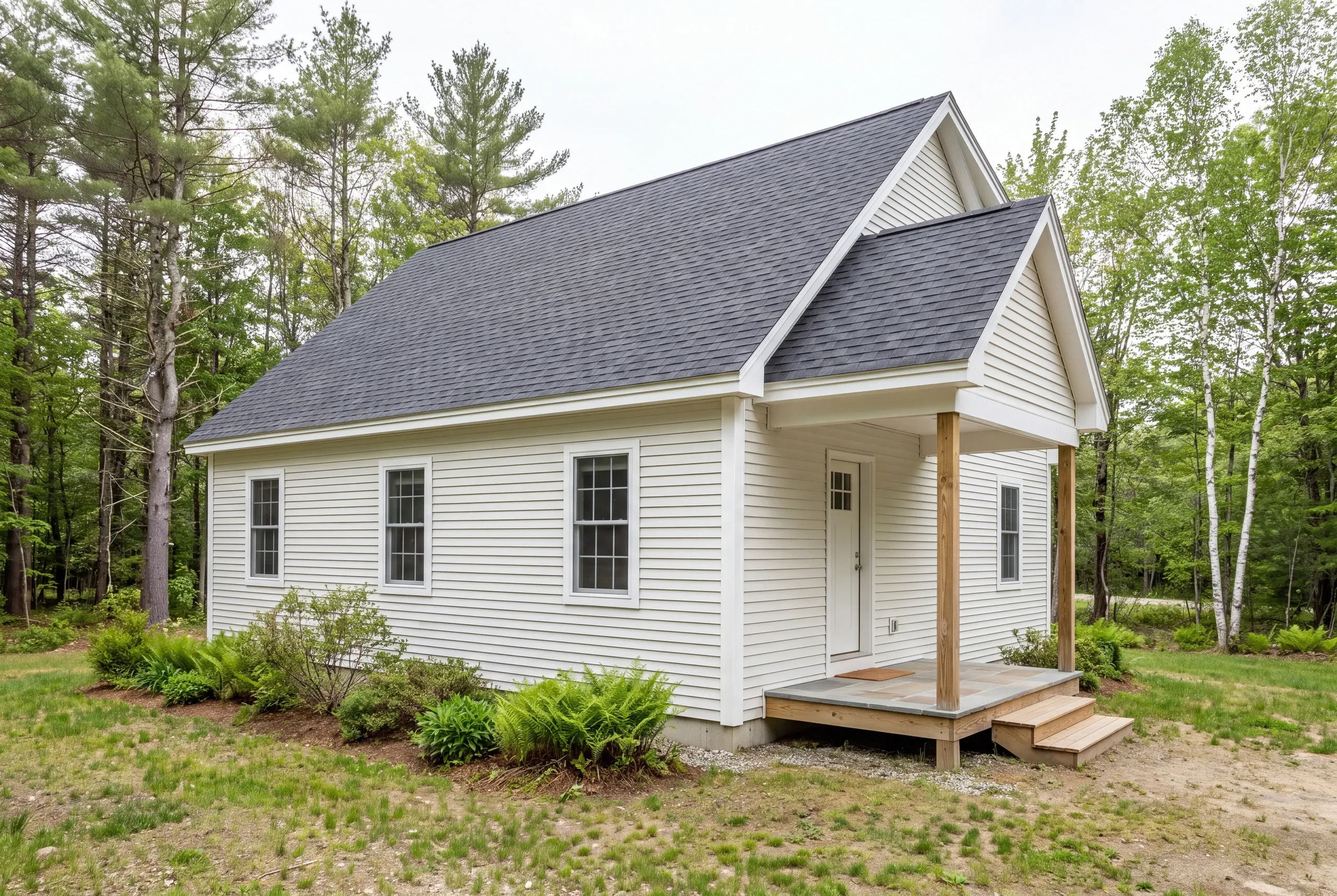 Exterior view of a small white clapboard house with a dark shingle roof and a covered entryway porch.